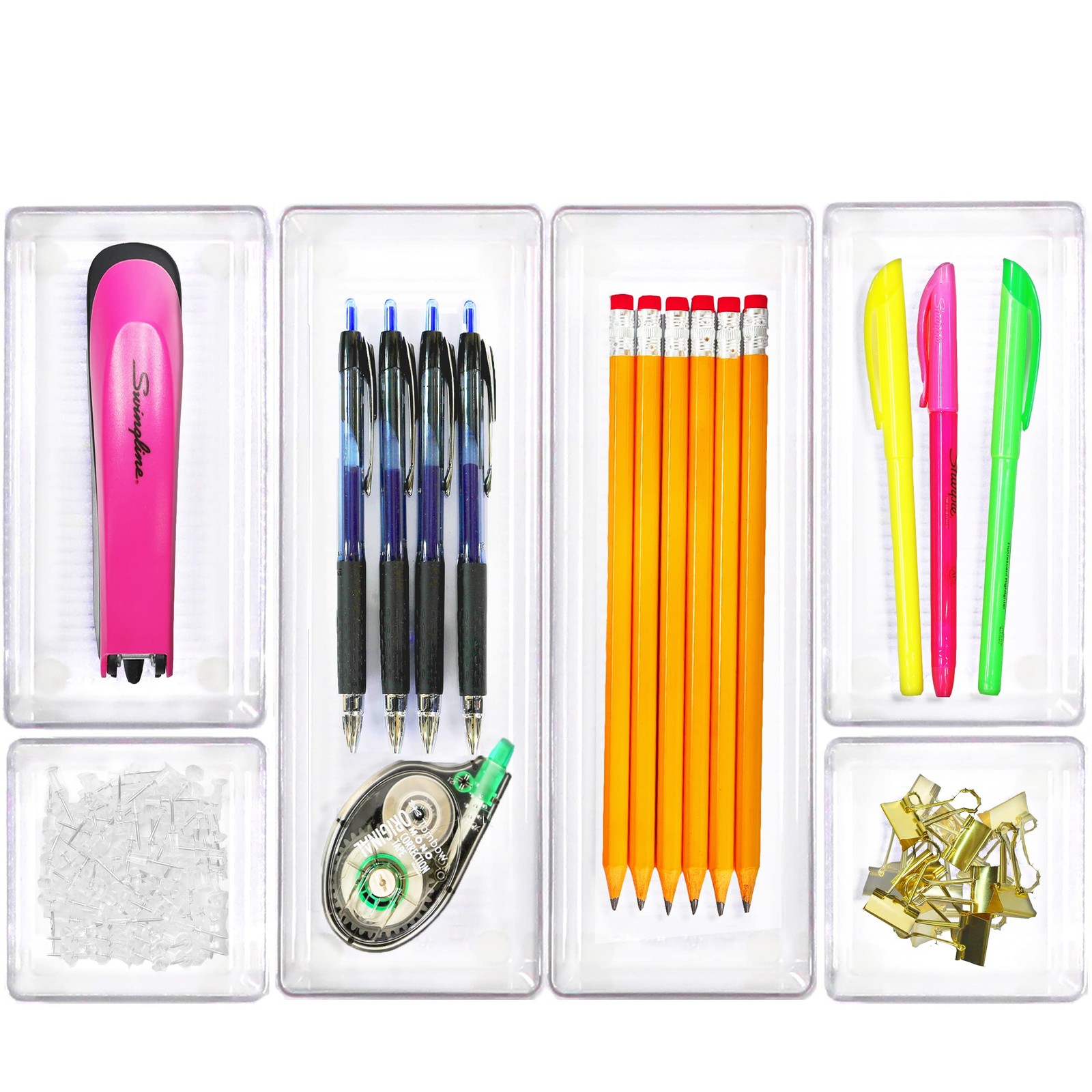 Clear Drawer Organizer for Office Bin Desk Storage, Assorted Size, 6 Packs