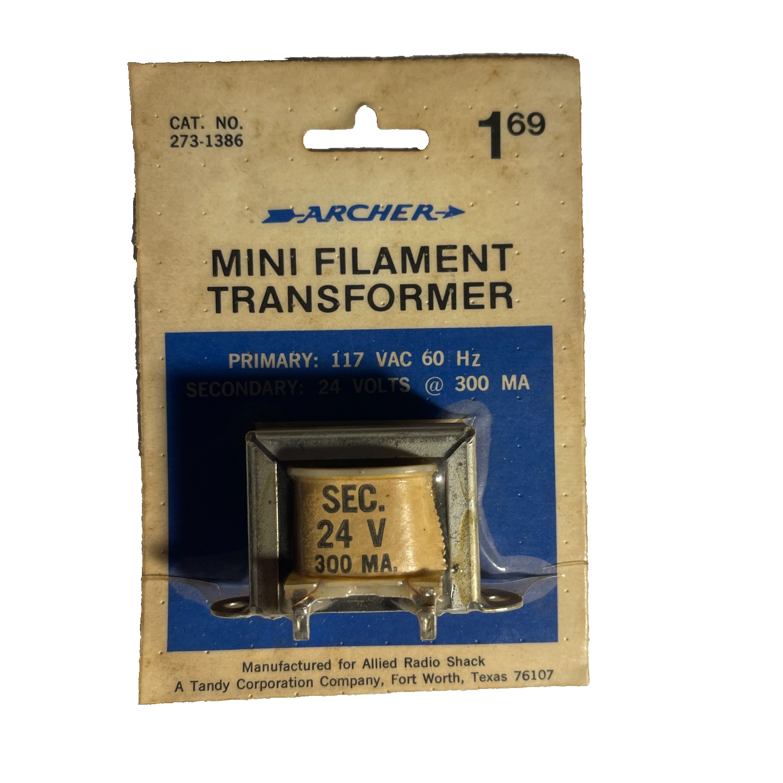 Archer Mini Filament Transformer 117 VAC 60Hz/24 V@300MA Cat No 273-1386  New