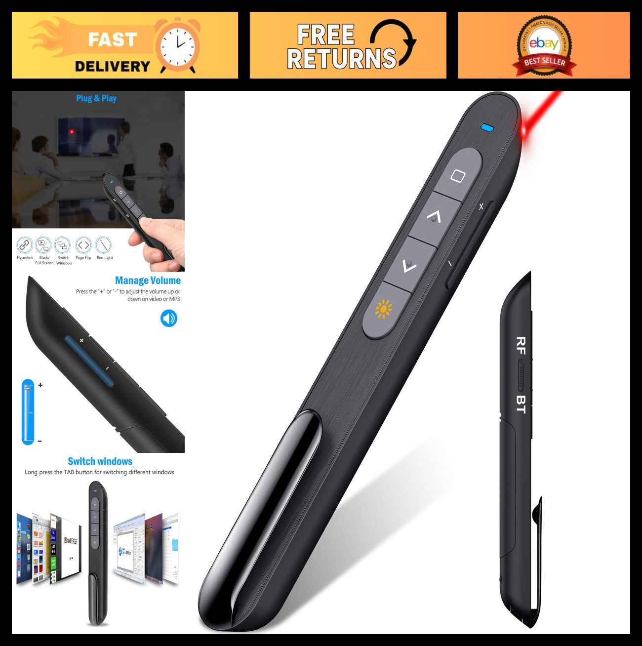 Wireless Presenter Clicker, 2.4GHz RF & Bluetooth Remote for PowerPoint, USB Rec