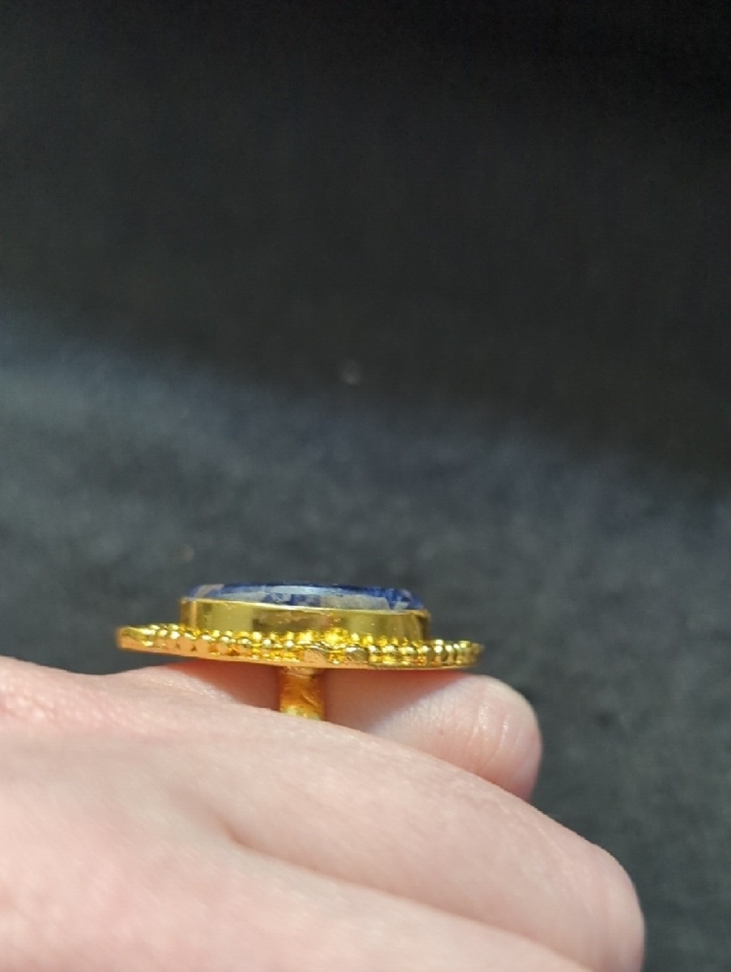 Gold Plated Blue Sodalite Gemstone Oval Statement Ring - Size 6
