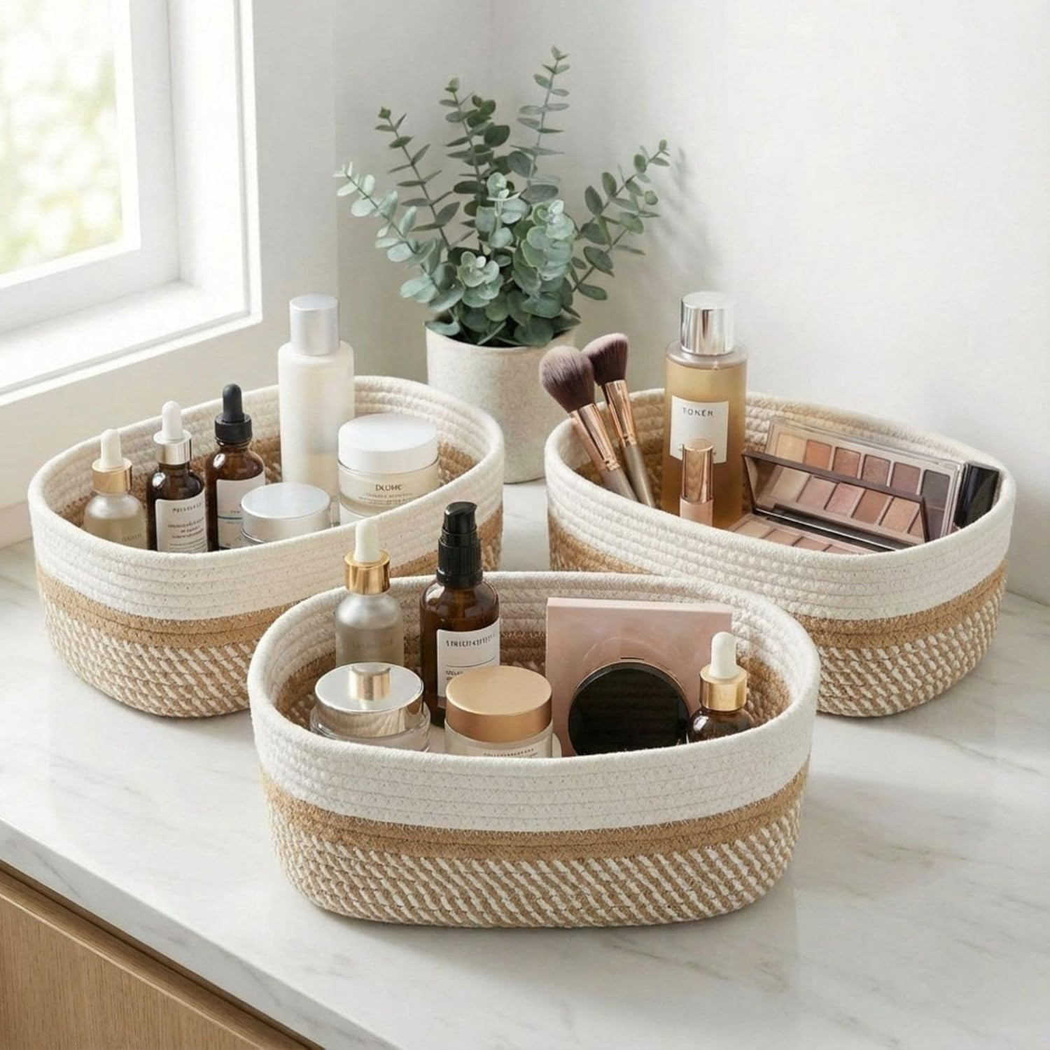 Beautiful Storage Basket Set of 3 - Sturdy Rope Baskets for Shelves | Perfect fo