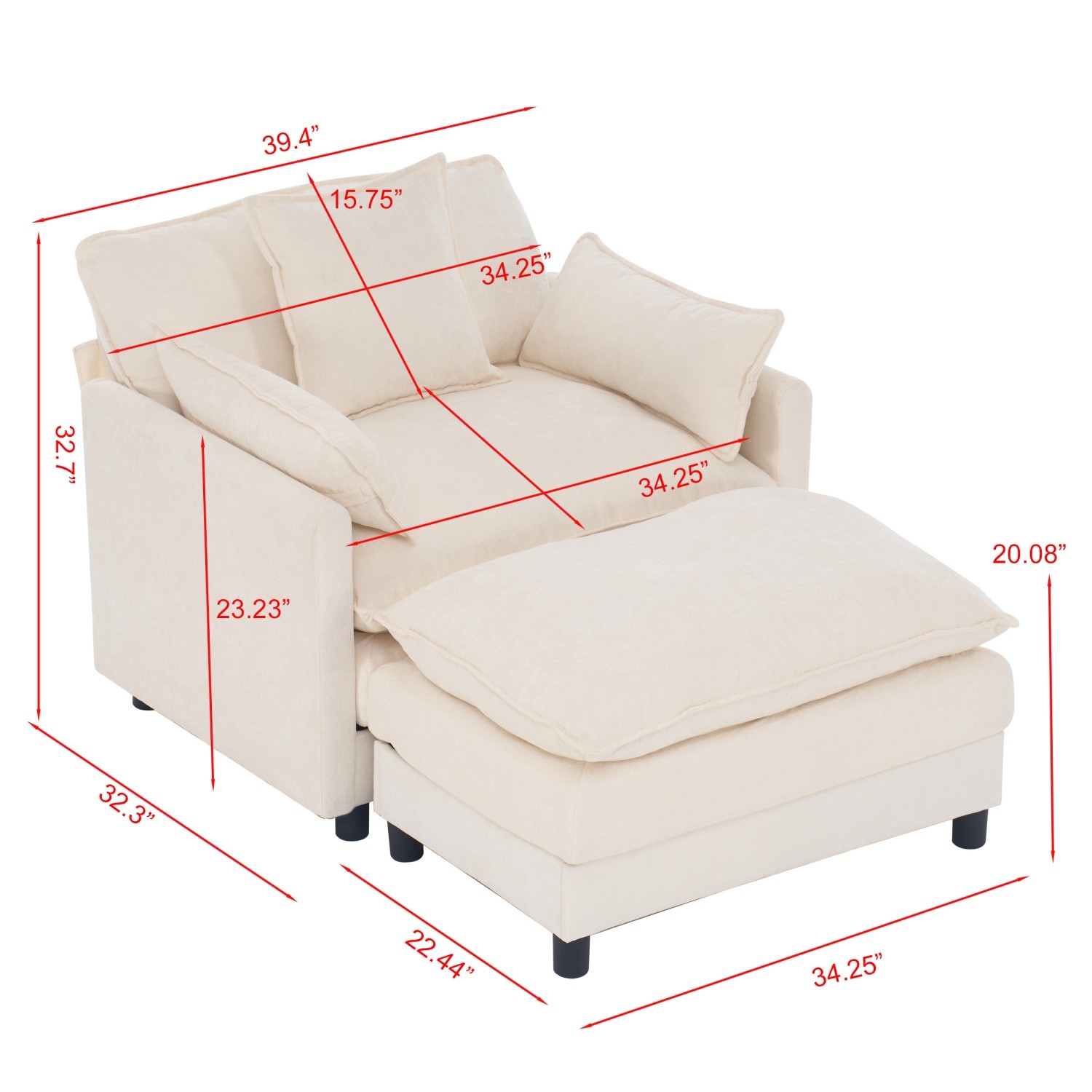 Modern Upholstered Accent Chair Armchair Chaise w/ Ottoman for Living Room