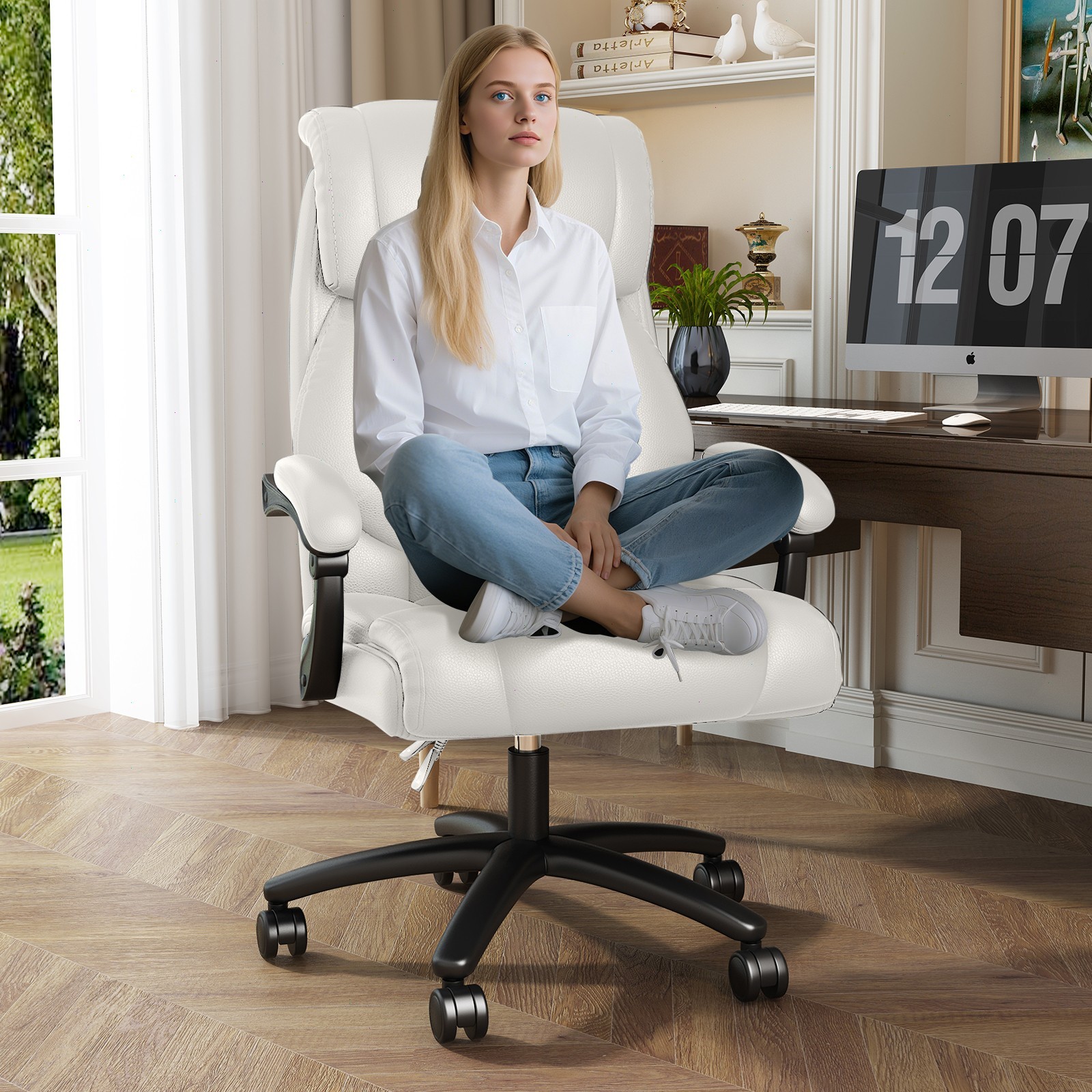 Reclining Office Chair 400lbs Ergonomic PU Leather Computer Desk Chairs White