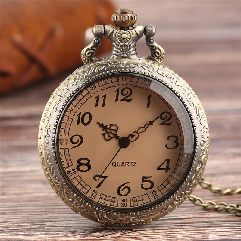 Bronze Retro Transparent Case Mens Womens Analog Quartz Pocket Watch Necklace