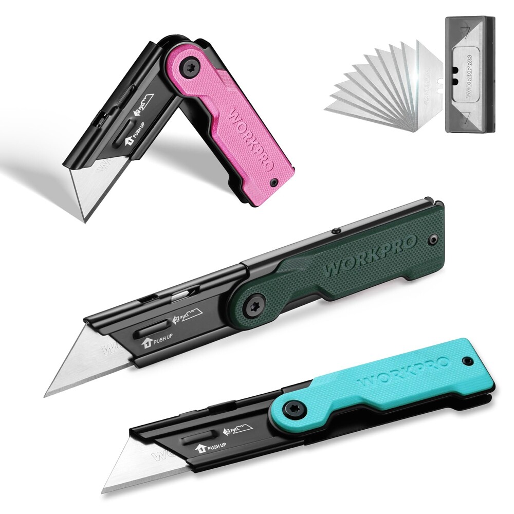 WORKPRO 3Pcs Folding Utility Knife Set 10 Extra Blades Quick-Change Box Cutter