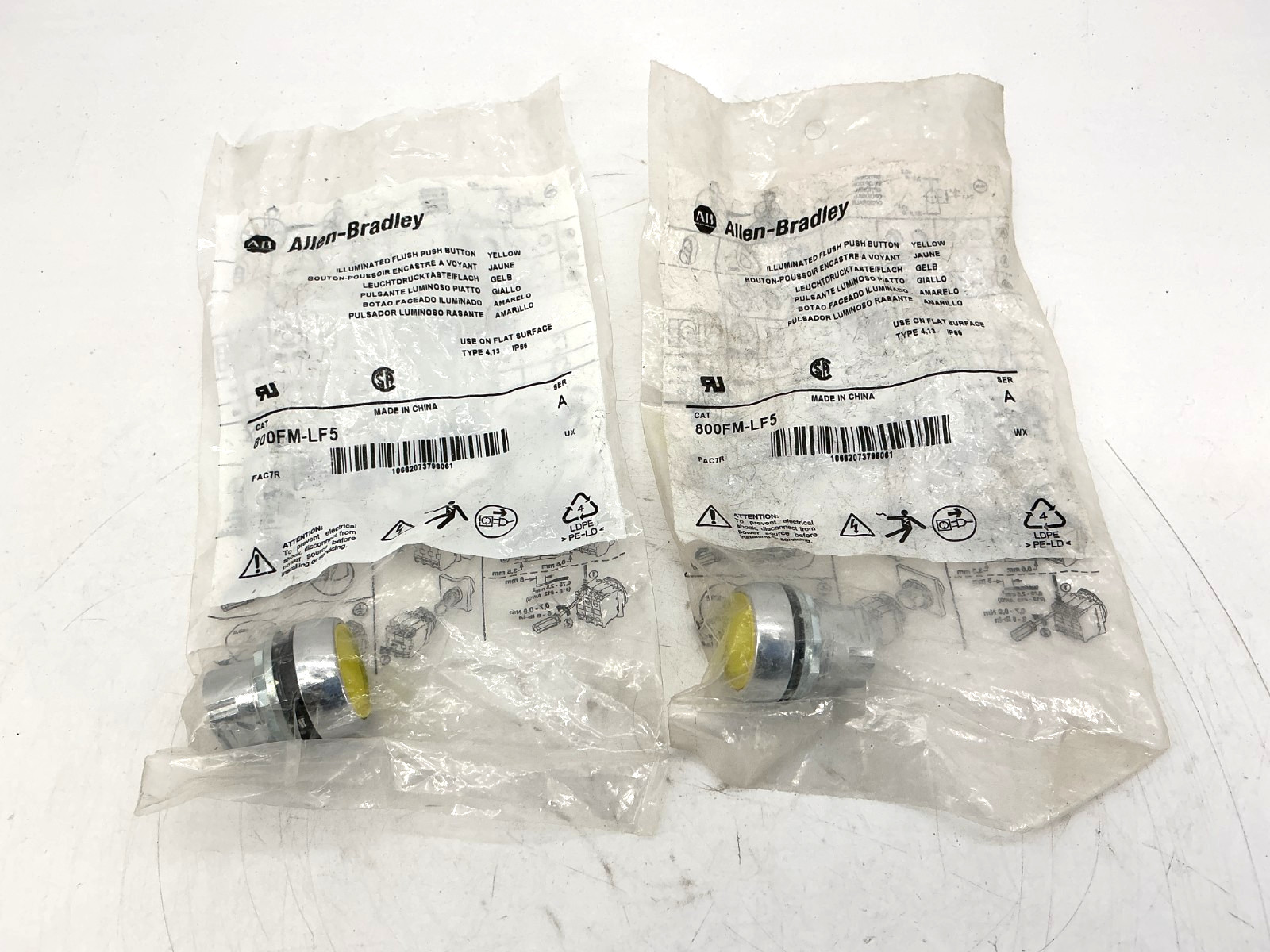 Lot of 2 New Allen Bradley 800FM-LF5 Ser A Illuminated Flush Push Button Yellow