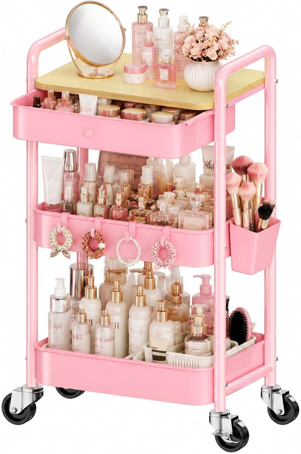 3 Tier Pink Rolling Cart W/ Drawer Makeup Storage Metal Utility Cart W/ Wheels