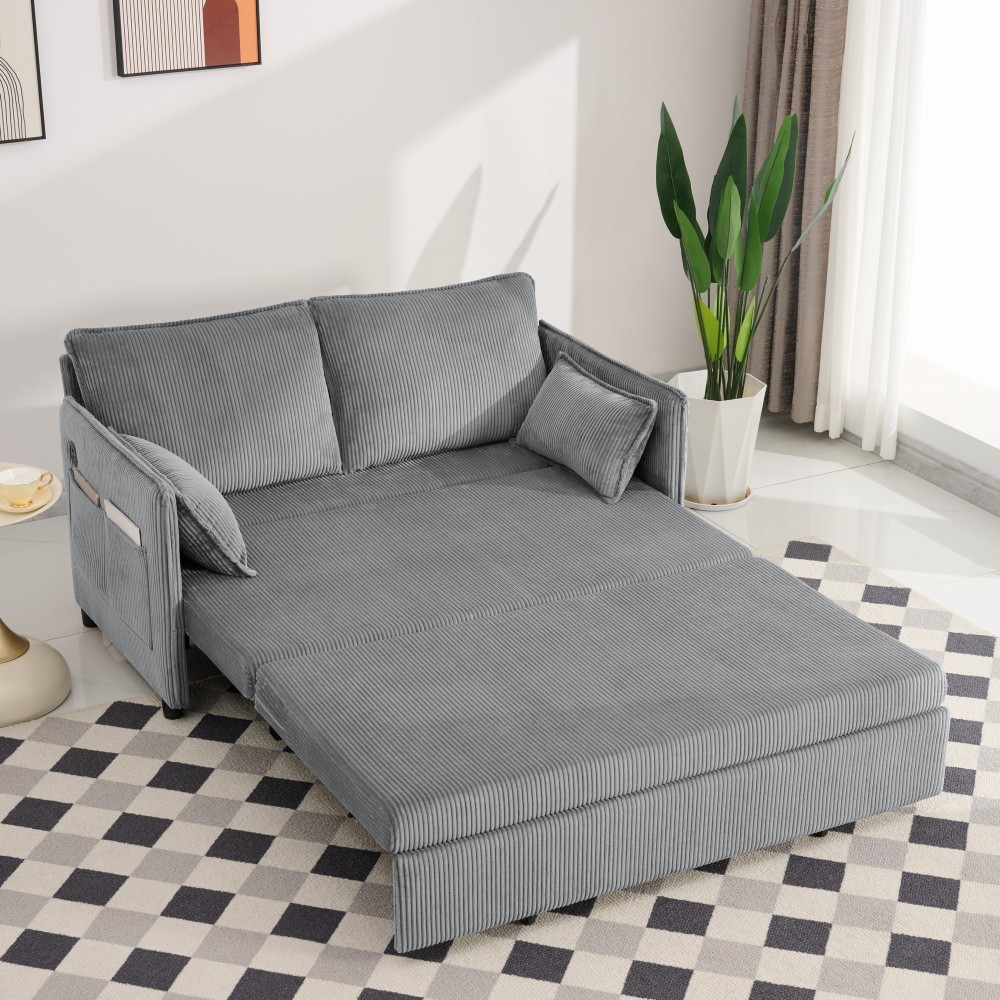 55" Convertible Sofa Bed w/ USB Ports & Storage, Grey Corduroy, Twin Size
