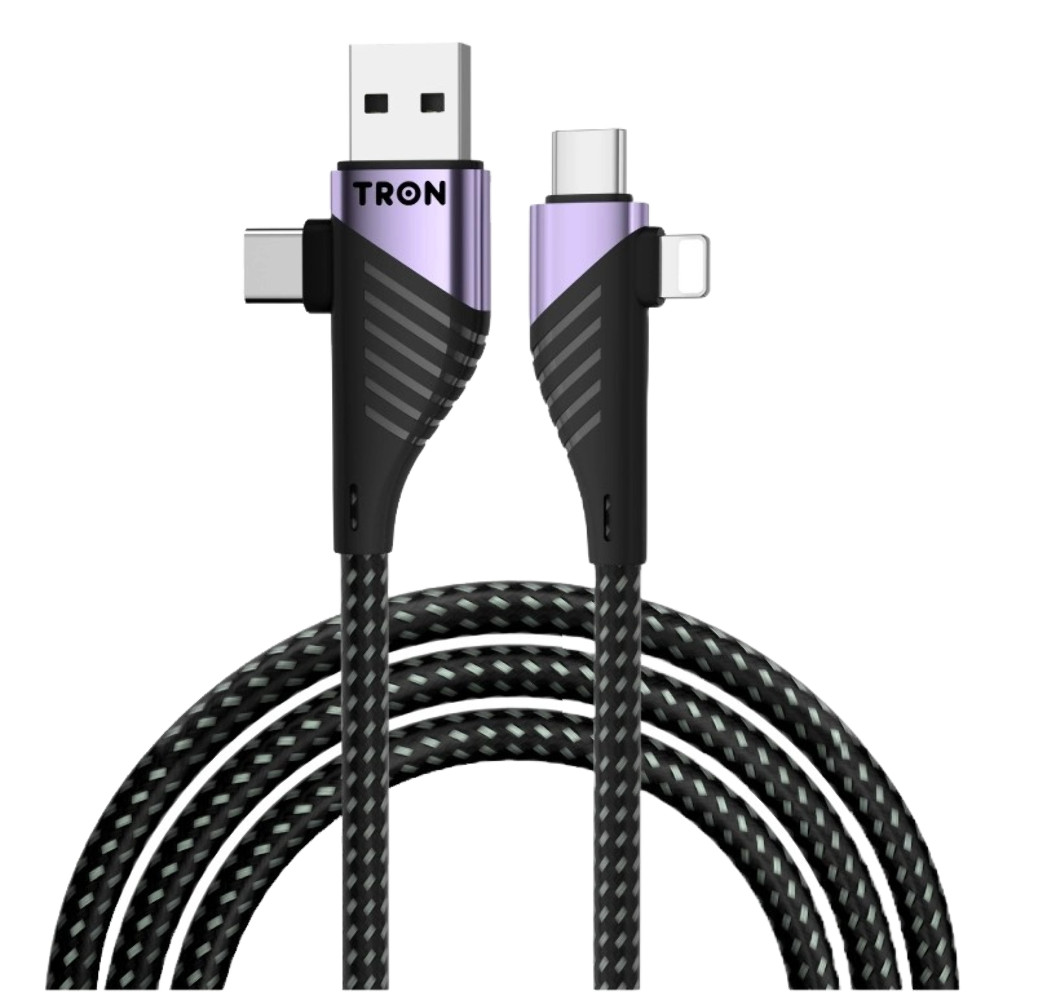 TRON 4-in-1 USB A to C and L Braided Charger Cable - 6FT, Black and Pur