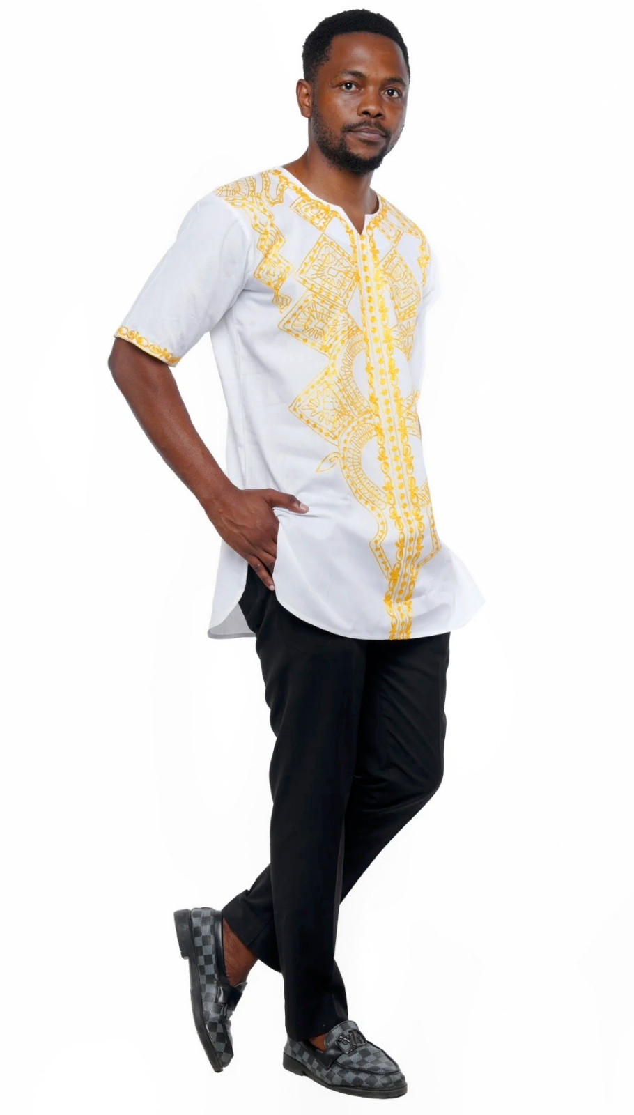 Embroidered African White/Gold Men Dashiki, Cotton, Small