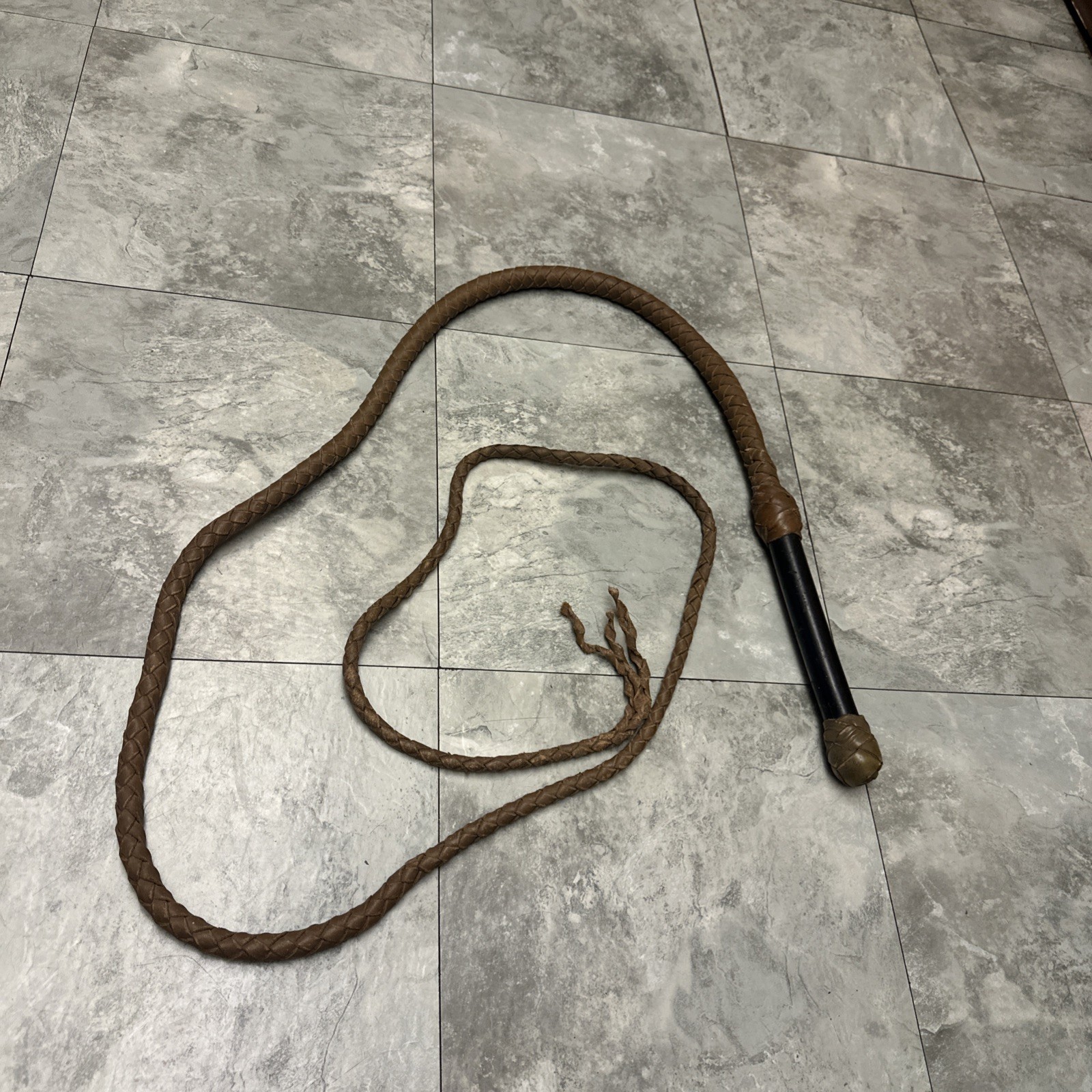 Vtg Leather Cowboy Rawhide Braided Bull Whip Wooden Handle Over 6 Foot Long