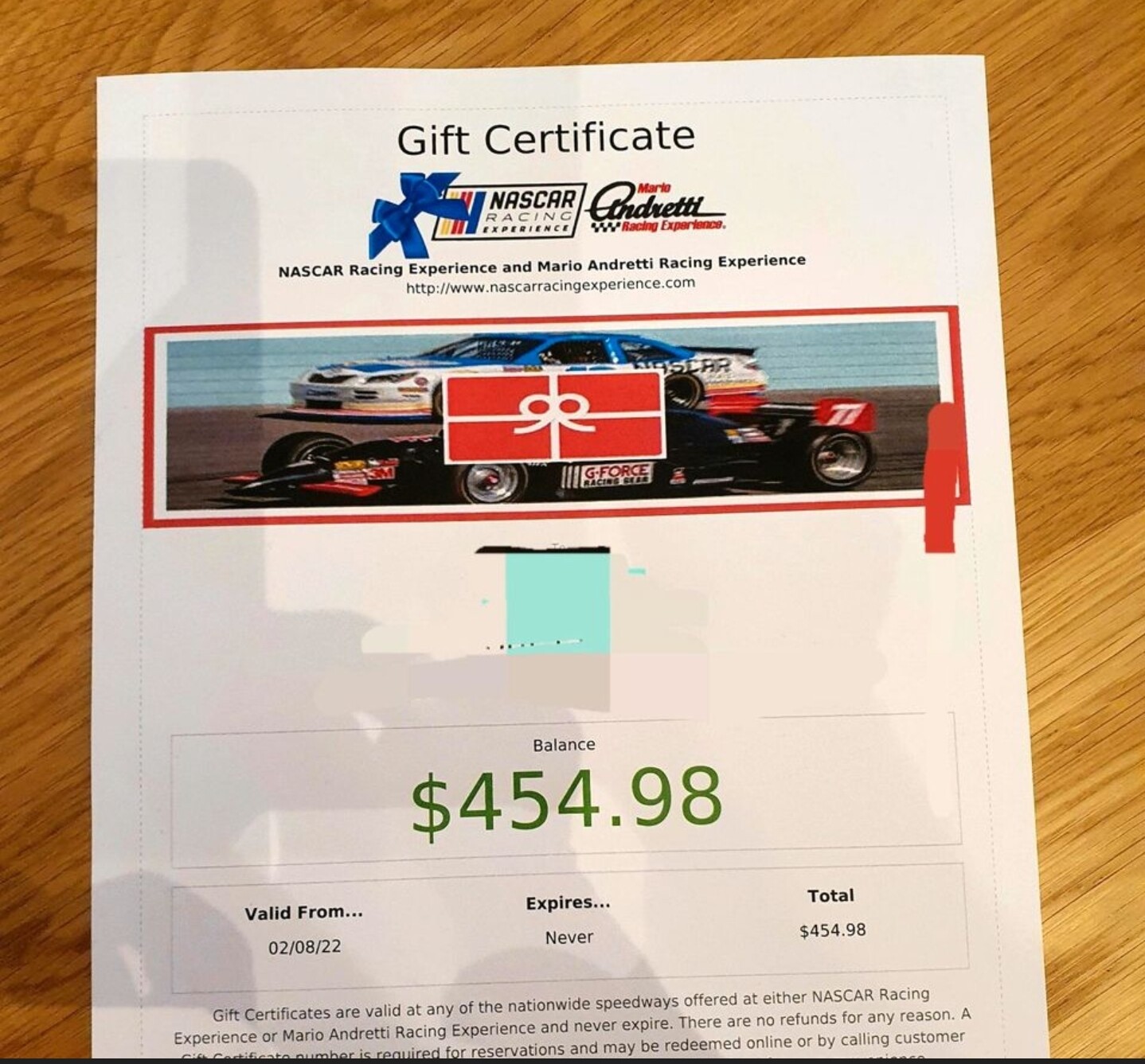 Voucher Gift certificate NASCAR Racing Experience Mario Andretti Racing