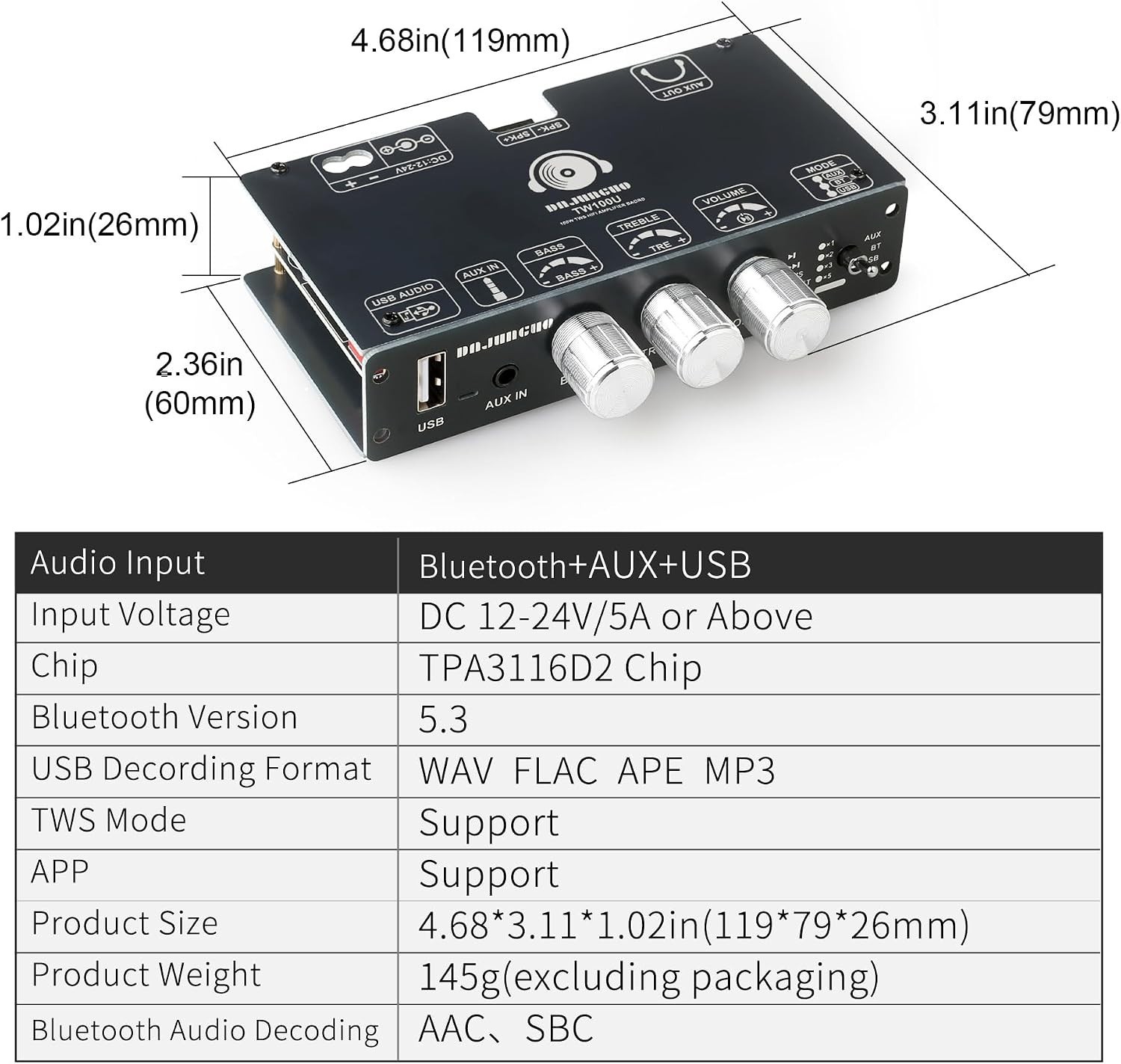 TW100U 100W Mono Bluetooth 5.3 Amplifier Board, TPA3116D2 Digital Power Amp Modu