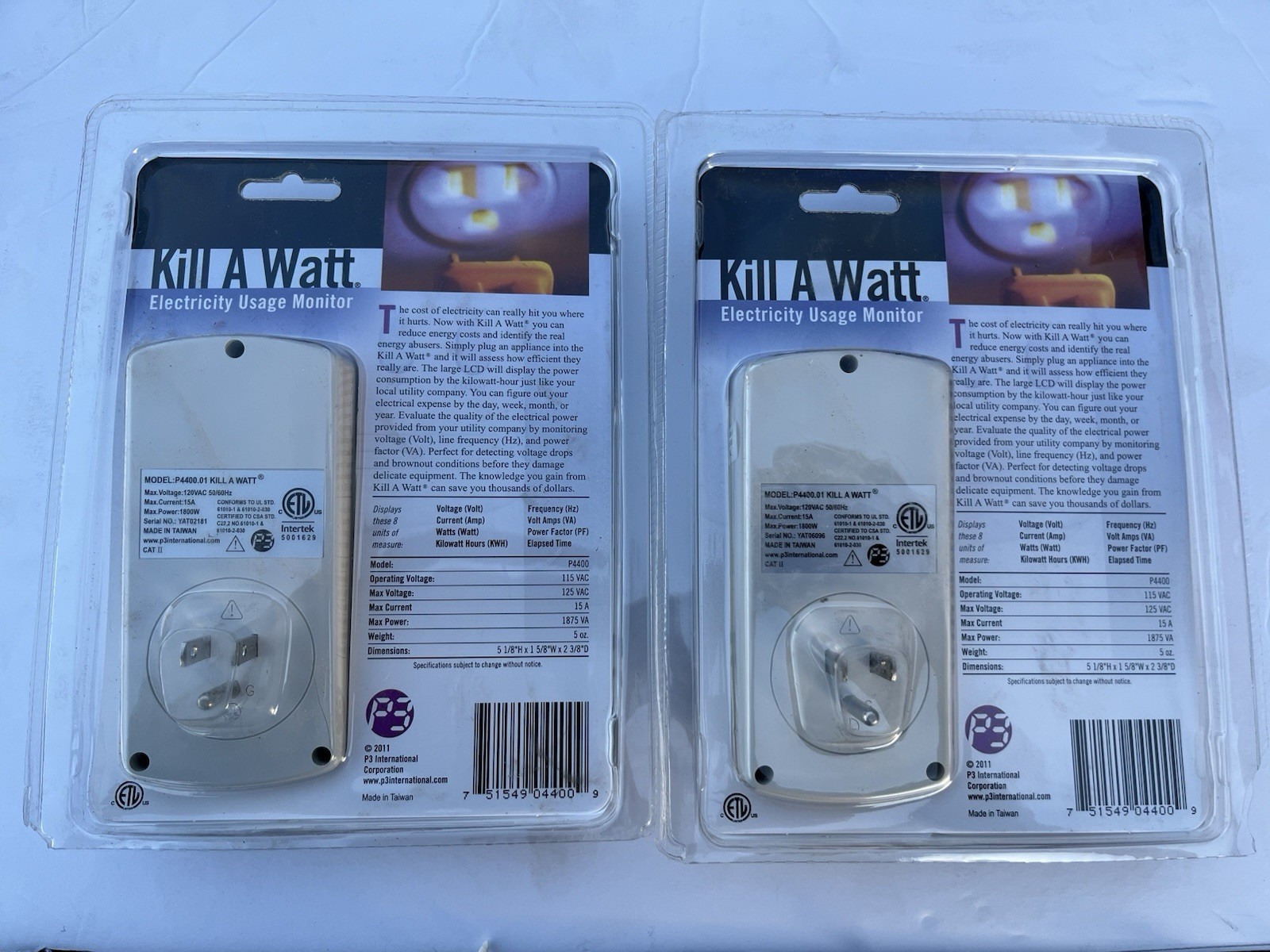 KILL A WATT ELECTRICITY USAGE MONITORS (2) P3 P4400
