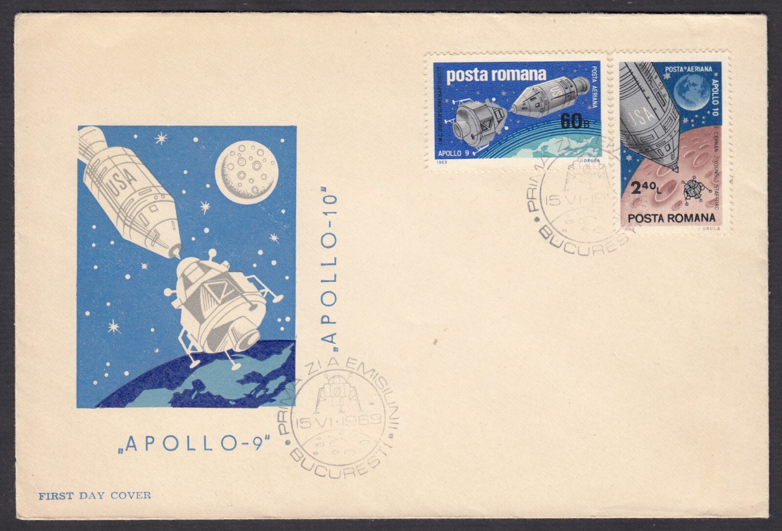 1969 American USA Apollo 10 mission Moon Romanian Stamp FDC cover envelope