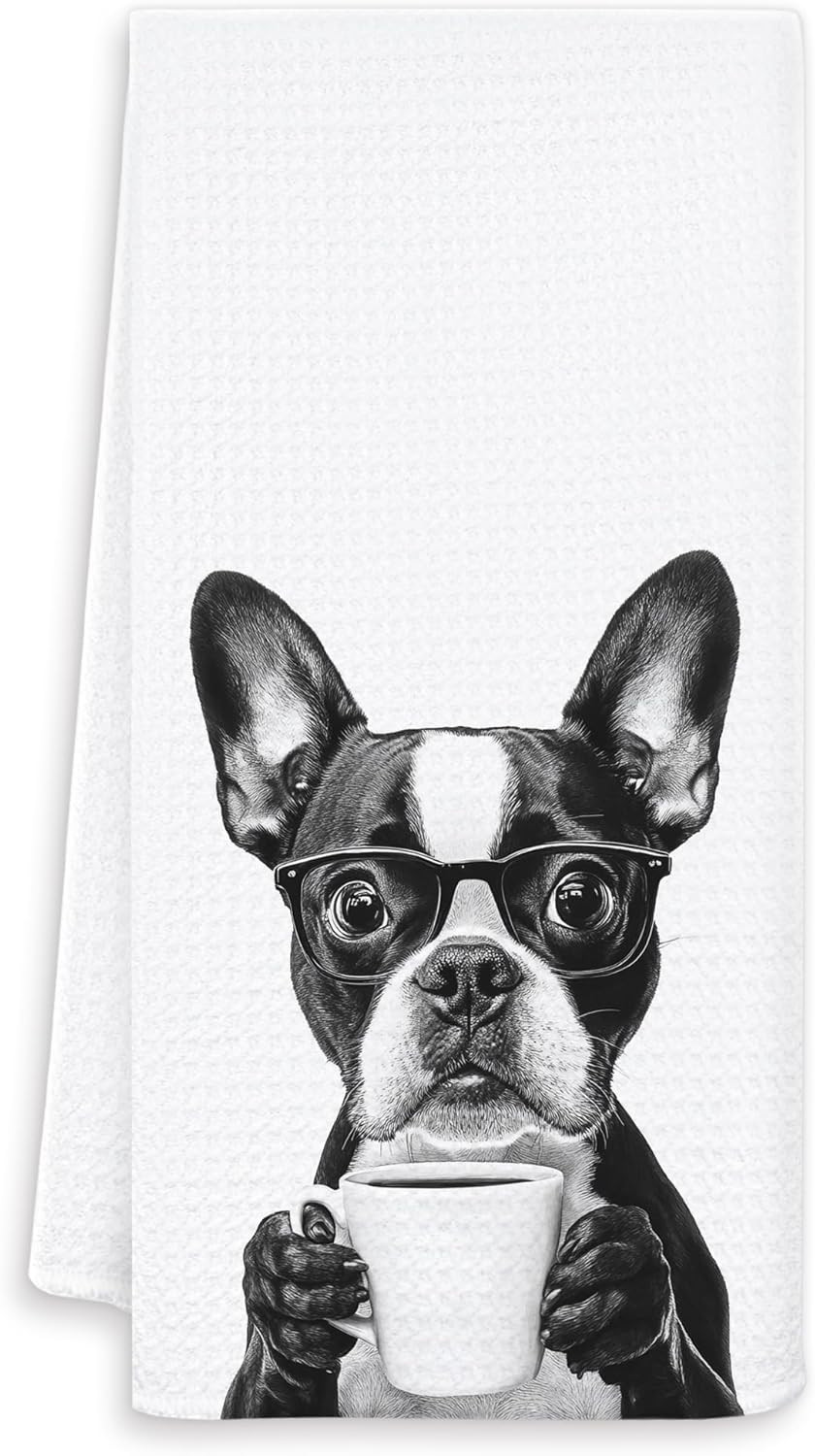 Funny Boston Terrier Kitchen Towels, Boston Terrier Gifts Dish Tea Towels, Black
