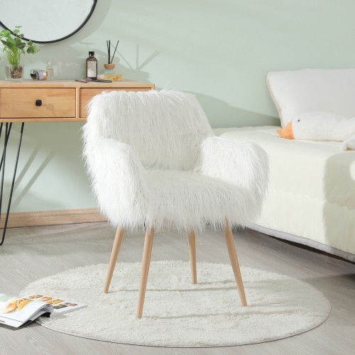 White Faux Fur Upholstered Make Up Chair Side Dining Chair with Metal Leg