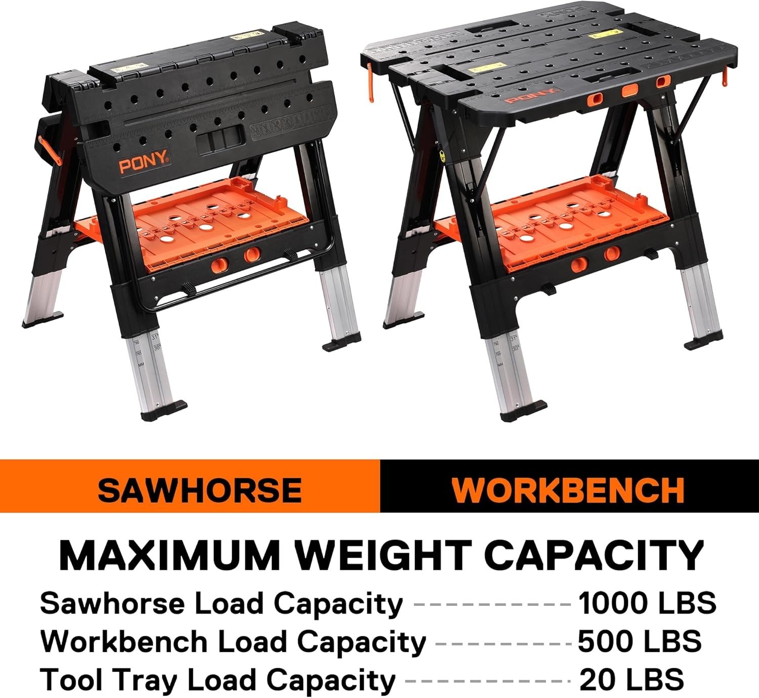 Pony Portable Folding Workbench 2-in-1 with 500 lbs Capacity & Adjustable Height