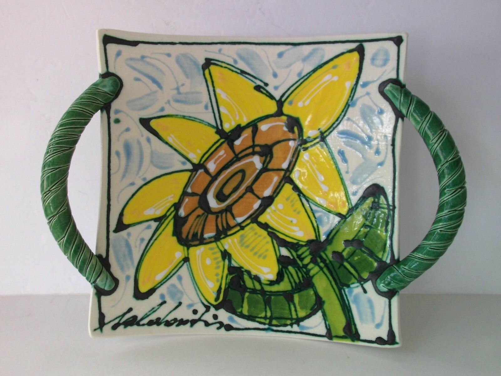 HAND PAINTED SQUARE CERAMIC SUNFLOWER DISH WITH HANDLES SIGNED BY ARTIST