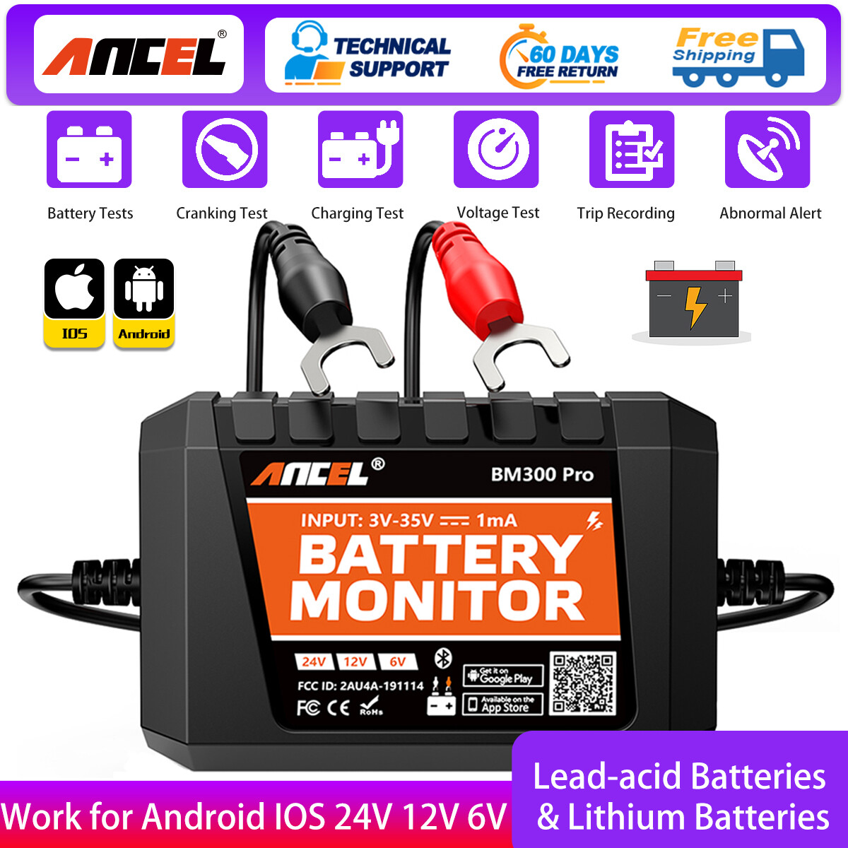 ANCEL BM300 Pro Battery Monitor Tester Analyzer Charging Cranking Test 6/12/24V