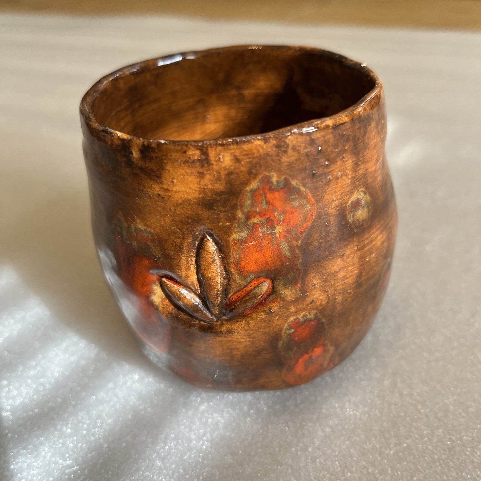 1970’s Americana Folk Art Handmade Planter Mug 3.5” Carved