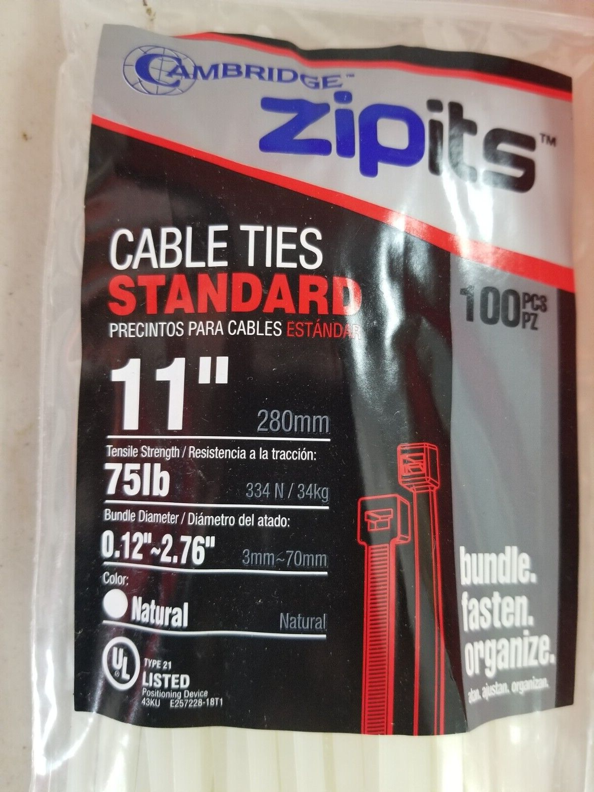 11" Cable Tie Cambridge Resources Zipits CT12785 75# Natural Lot of 12 Bags/100