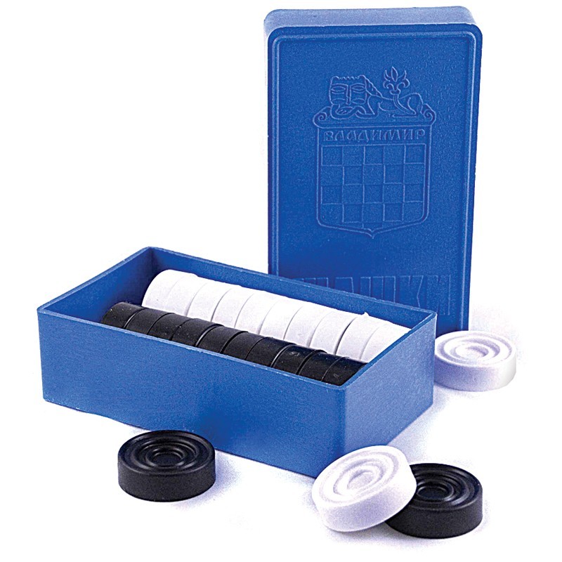 Checkers Game in Box Black and White Set of 24 Made in Russia Checker Chips 1.2"