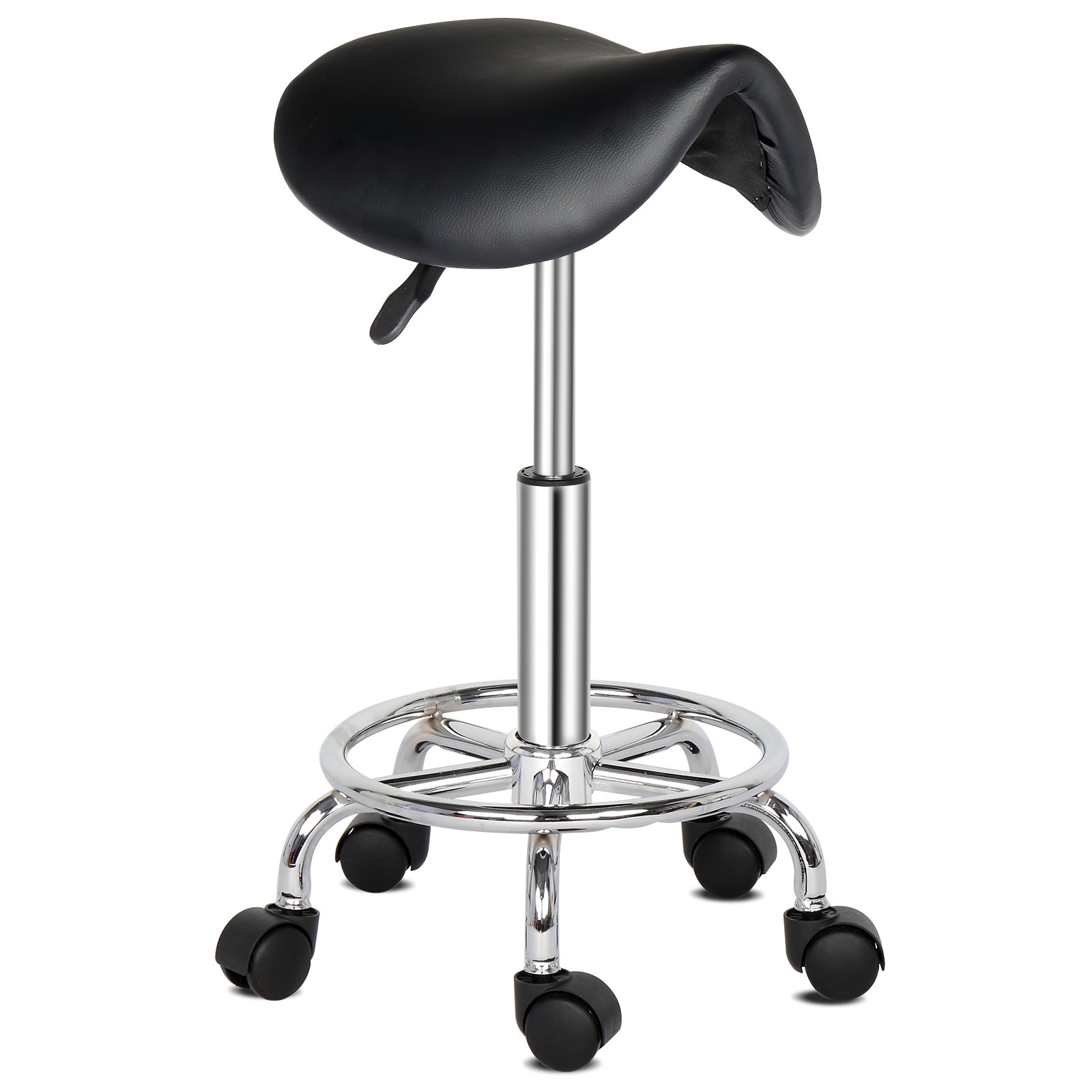 360° Swivel Bar Stool, Black PU Leather, 5 Casters, 20-25.6" Height Adjustable