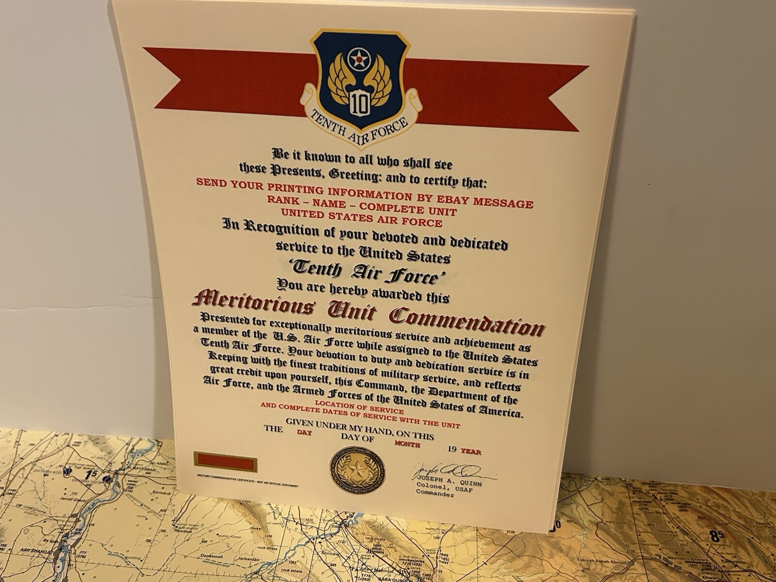 U.S. AIR FORCE / 10TH AIR FORCE - MERITORIOUS UNIT COMMENDATION CERTIFICATE