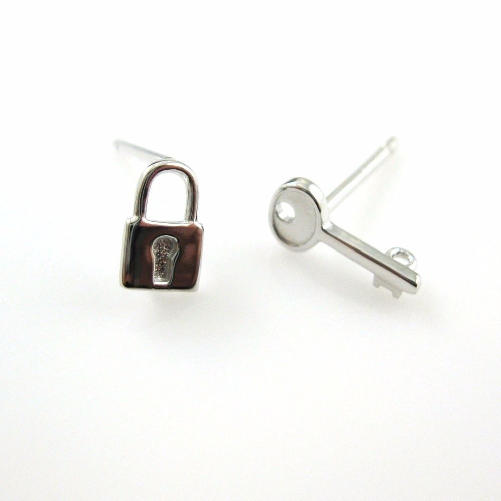 Rhodium Plated over Sterling Silver Earwire-Earring Posts- Lock and Key (1 pair)