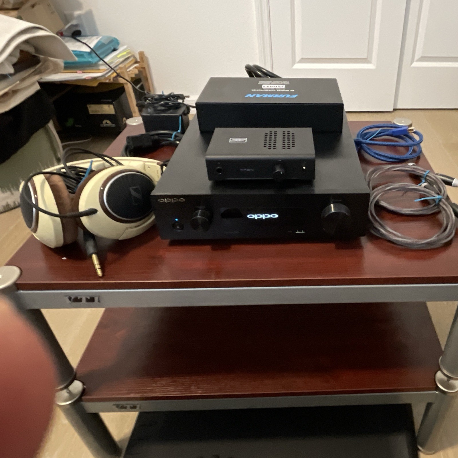 OPPO Sonica DAC w/ Ohno Audience interconnects and Sennheiser HD 598 headphones.