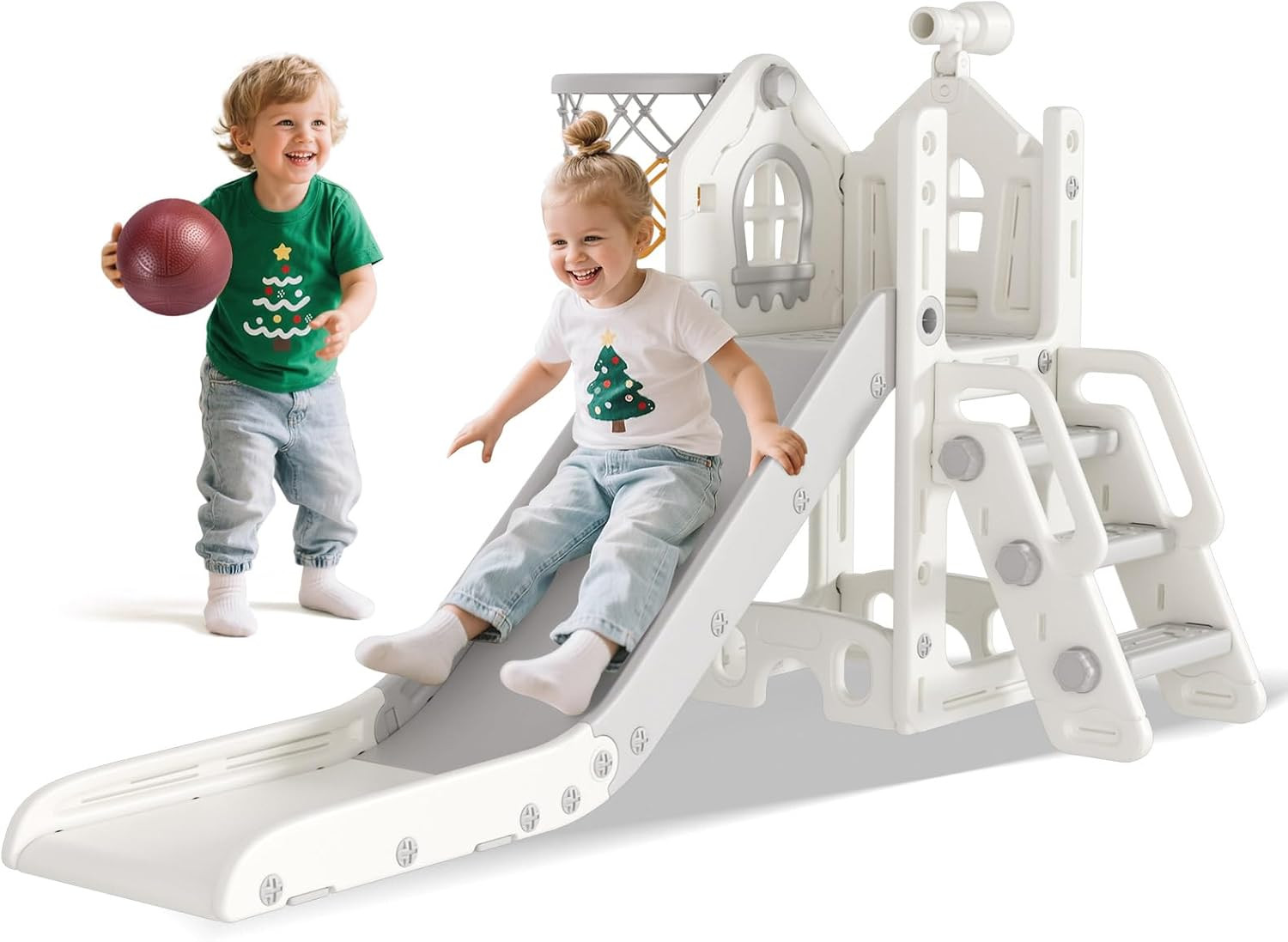 5 in 1 Toddler Slide - L-Shaped Baby Slide for Toddlers Aged 1-3 with Basketball