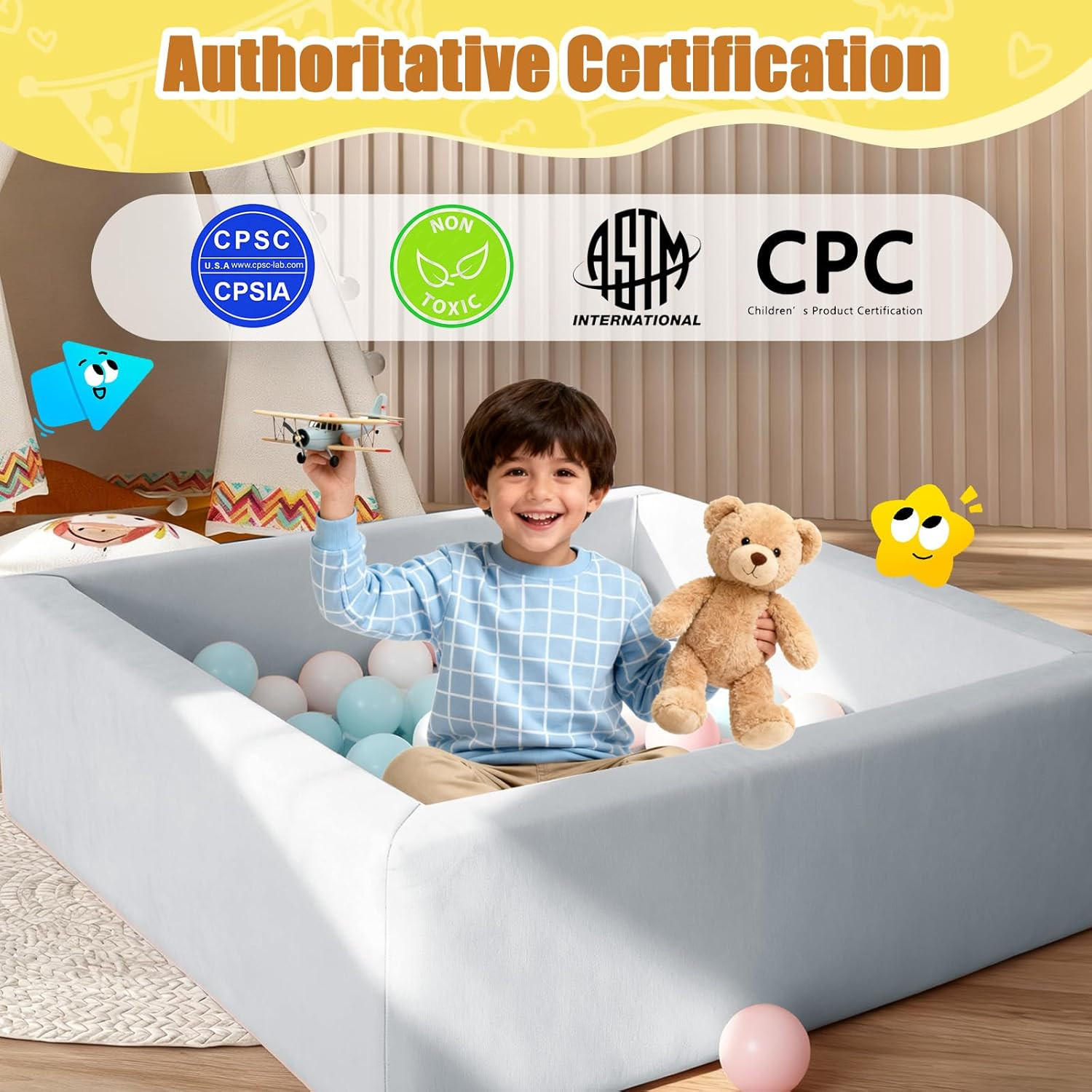 Modular Kids Play Couch with Ball Pit - Blue Tangram Puzzles Sofa