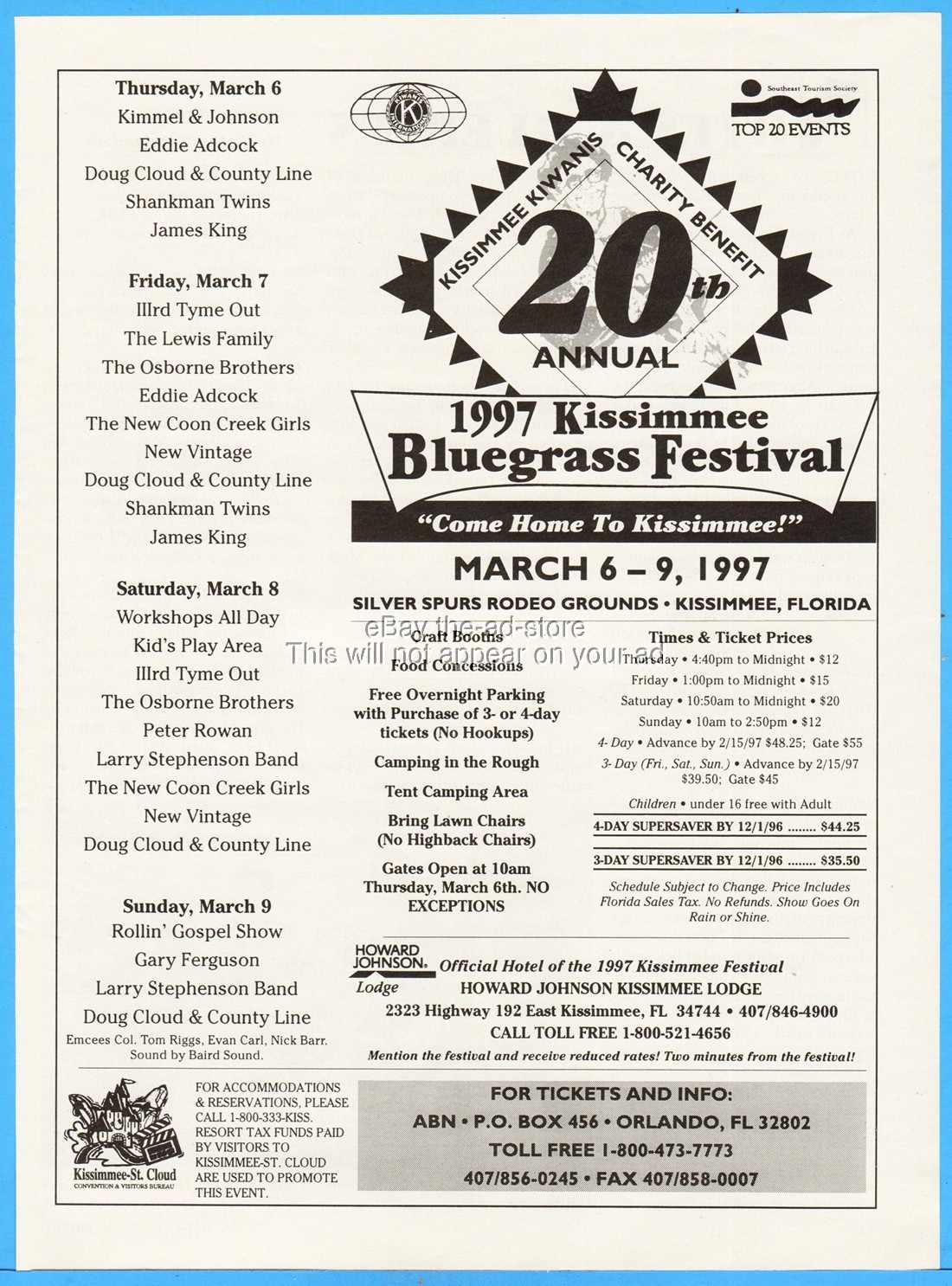 1997 Kissimmee Bluegrass Festival Florida Kimmel & Johnson Illrd Tyme Out Ad