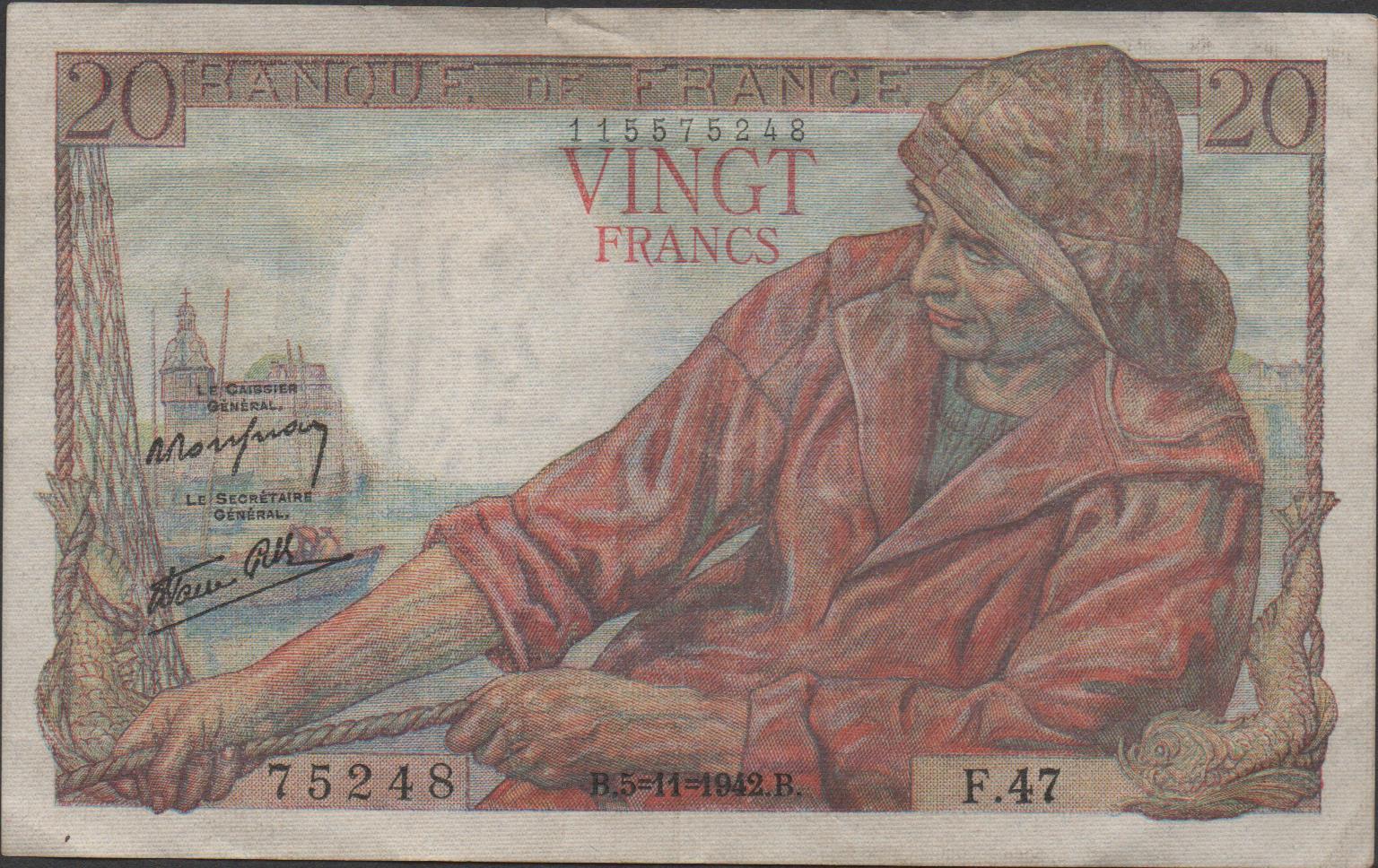 France  20 Francs 5.11.1942 P 100a Series F.47  Circulated Banknote