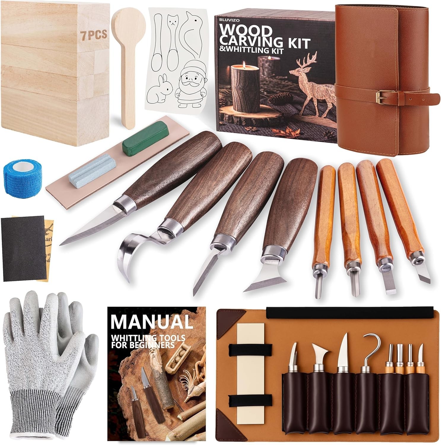Wood Carving Kit Whittling Kit: Deluxe Tools Set with Leather...