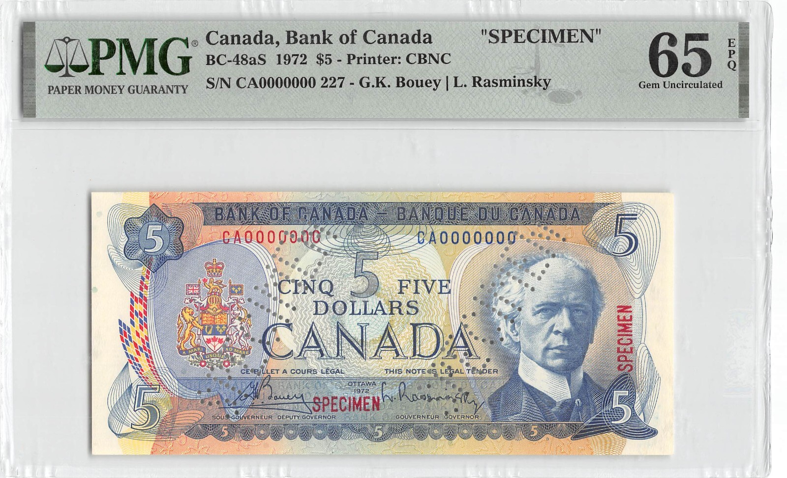 Canada  $5 1972  BC-48as  Series  CA Specimen  PMG 65 EPQ  Uncirculated Banknote