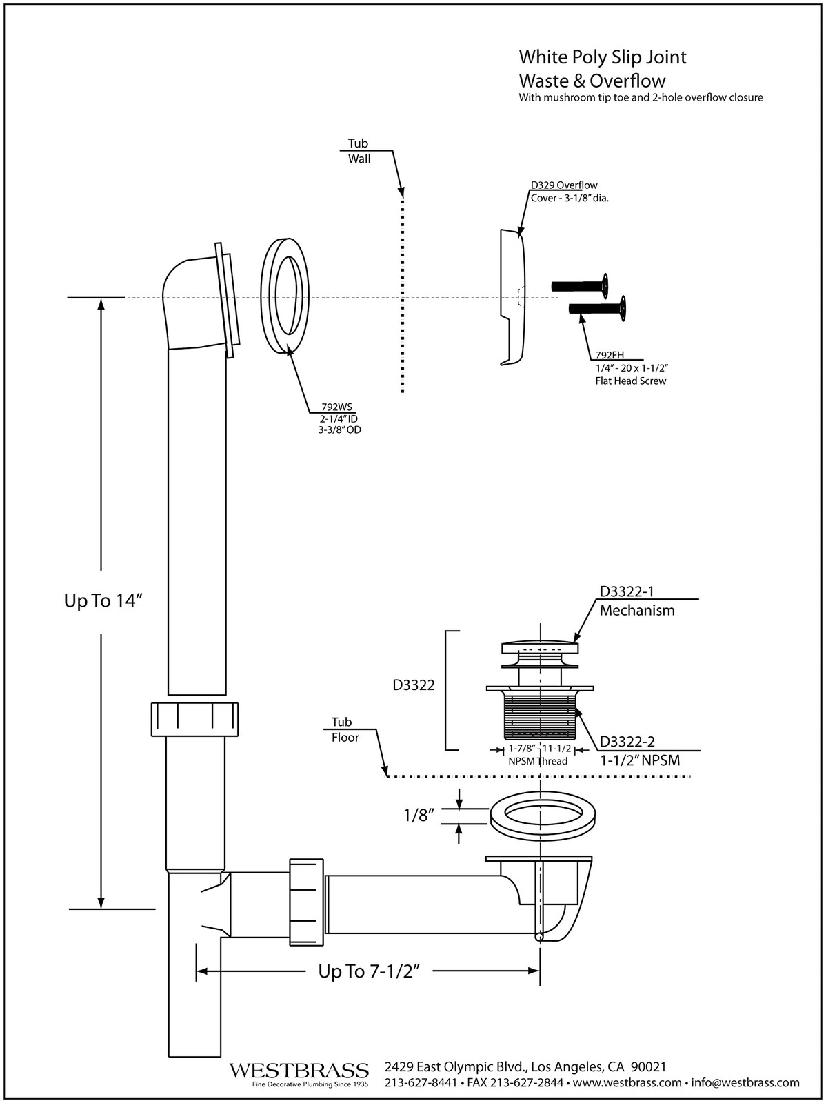 Westbrass A593244-07 14" x 1-1/2" White Tubular Bathtub 1 Pack, Satin Nickel