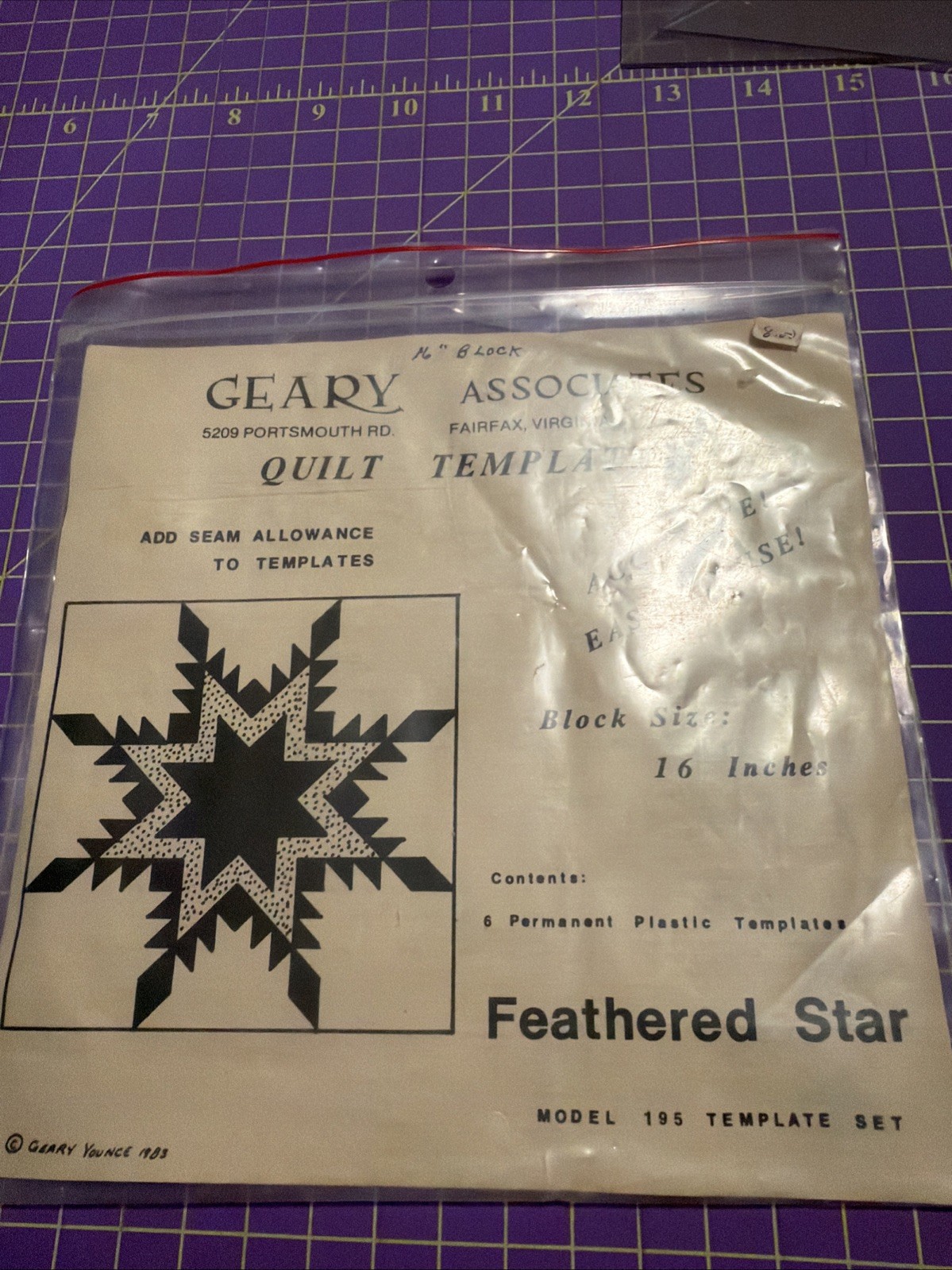 Vintage Hand Sewing Quilt Block Pattern And Templates Feathered Star 16” Block