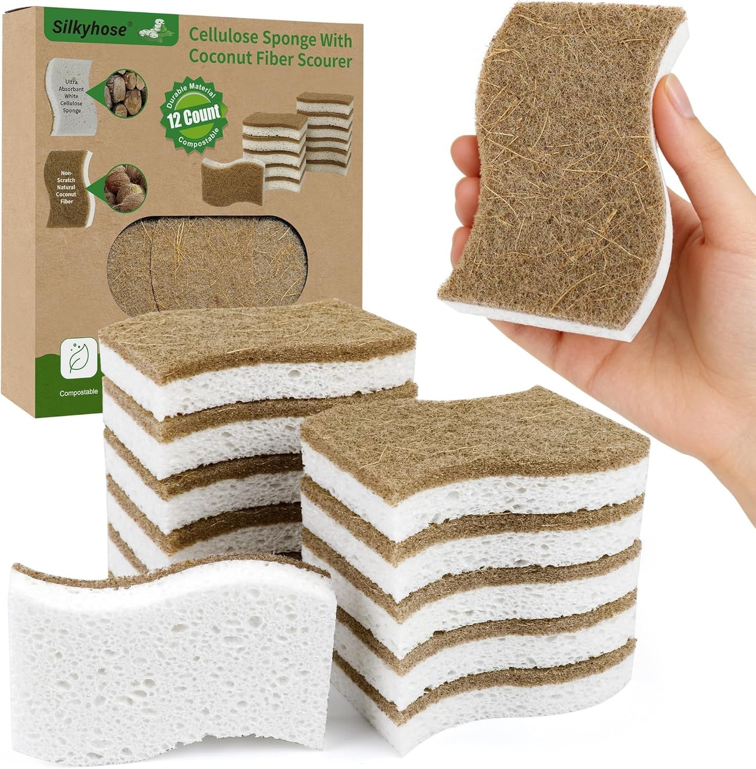 Biodegradable Kitchen Sponges, 12-Pack, Natural Cellulose & Coconut Scrubber