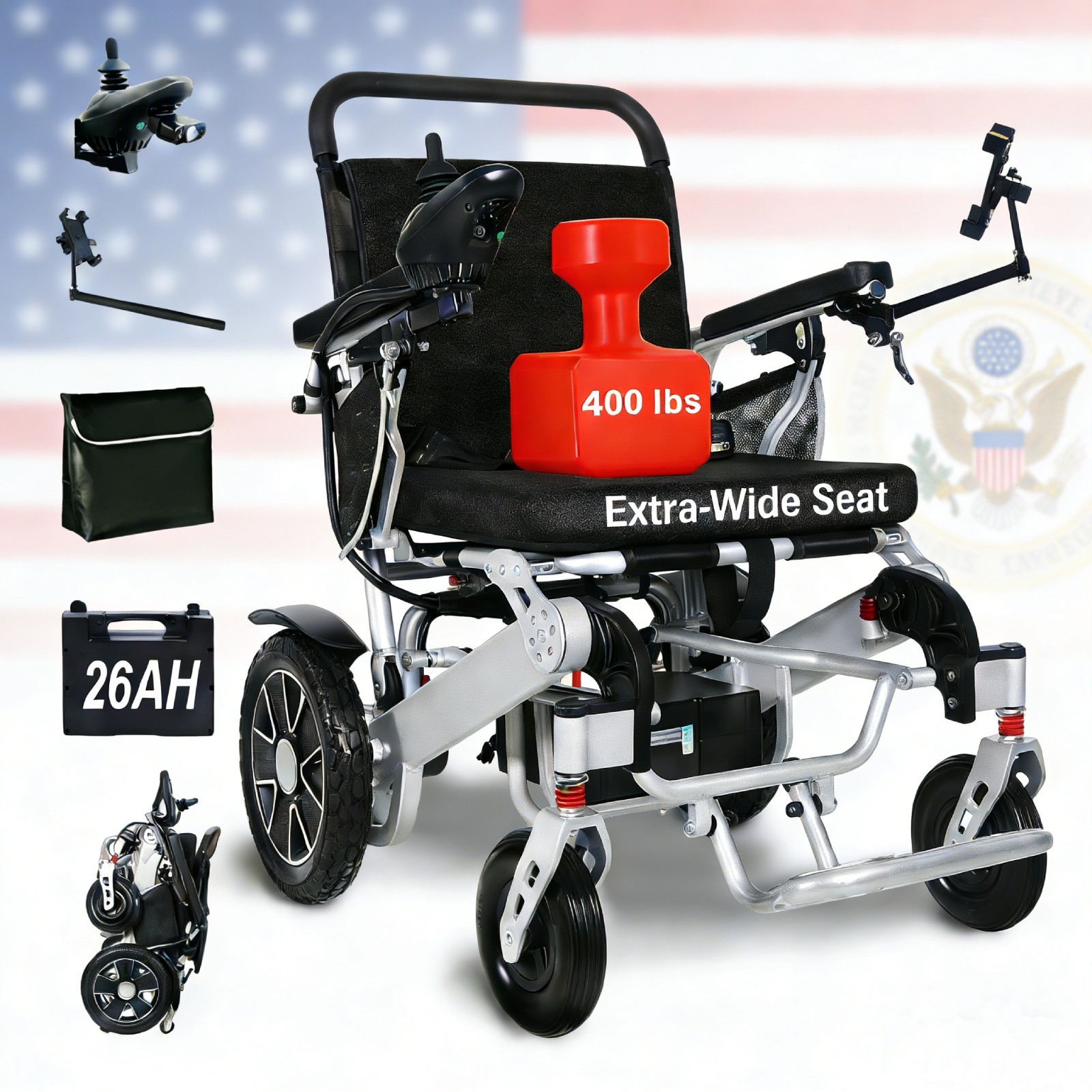 700W Dual Motor Electric Wheelchair  400 lbs Capacity All Terrain 20" Wide Seat