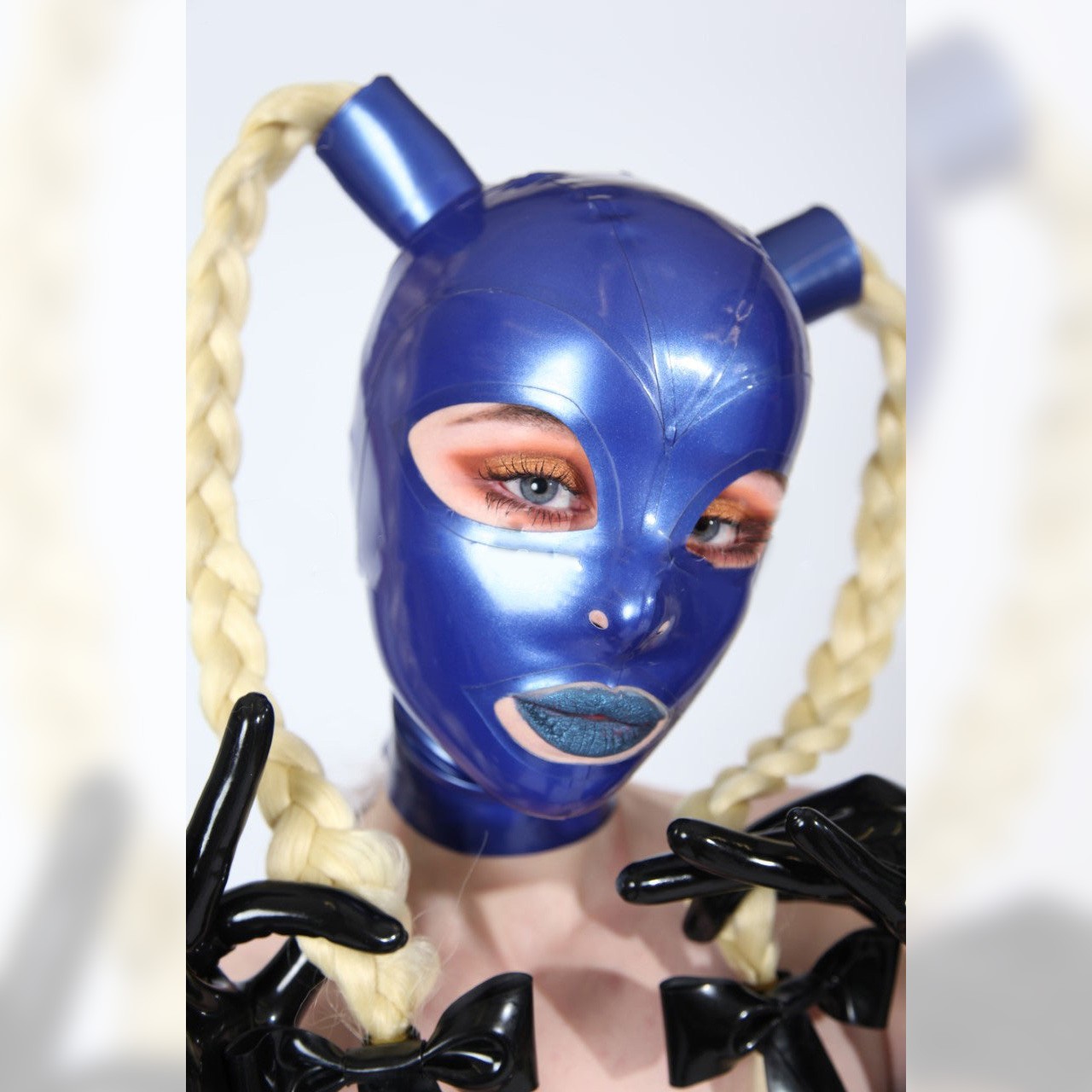 Metallic Blue Latex Hood Blond Wig Bow Rubber Mask for Catsuit Clubwear Fetish