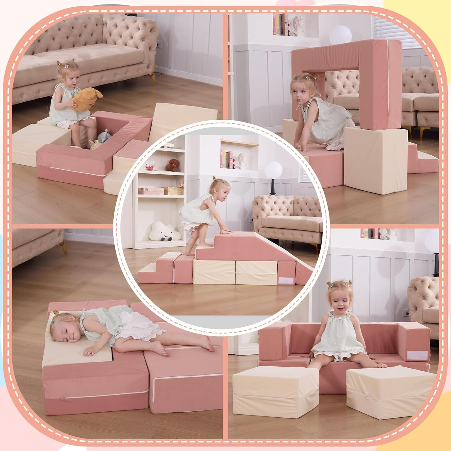 Modular Kids Couch with Ottomans, Foam Blocks & Slide for Playroom Fun