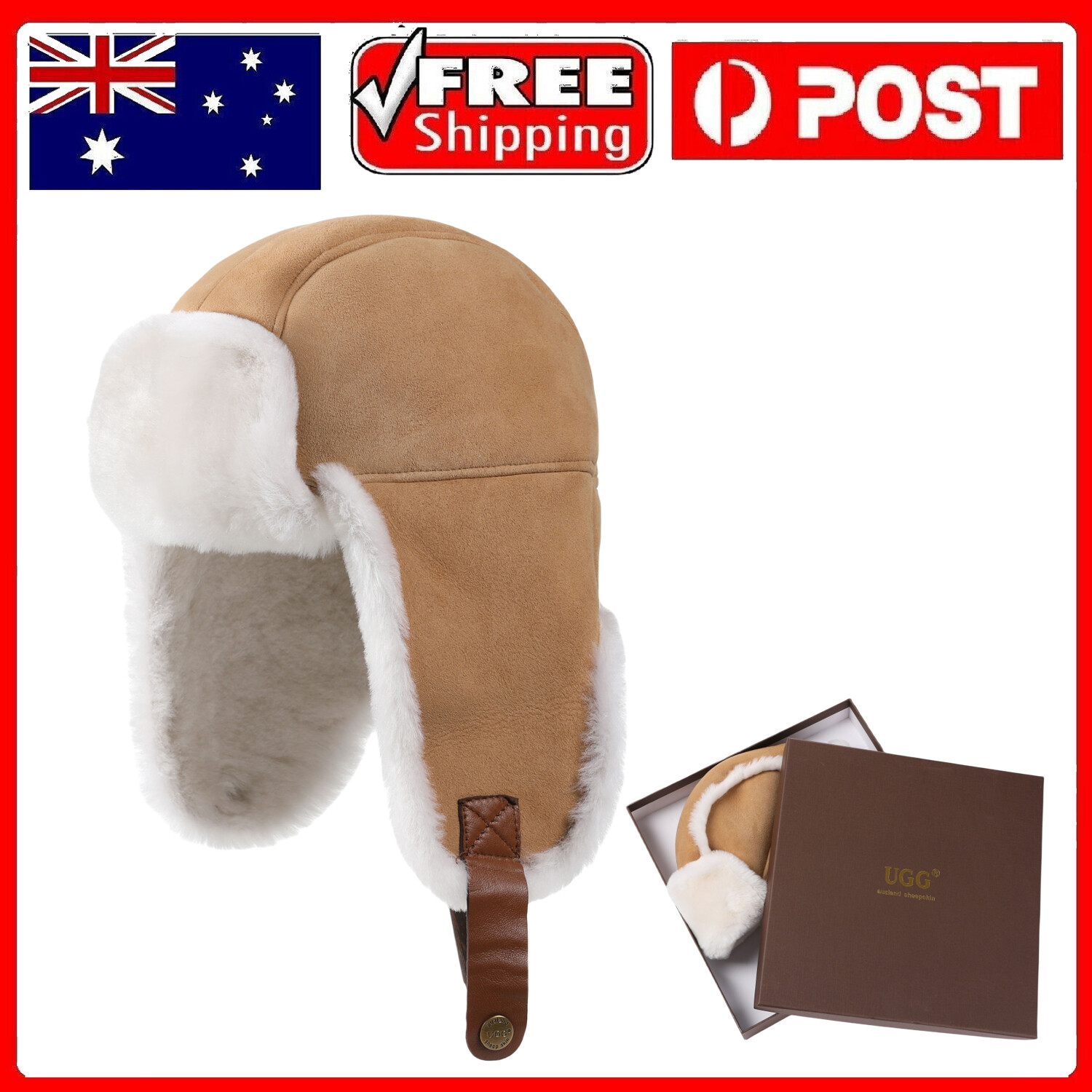 Australian UGG Winter Ear Flap Trapper Hat Aviator Sheepskin Wool Cap Mens Women