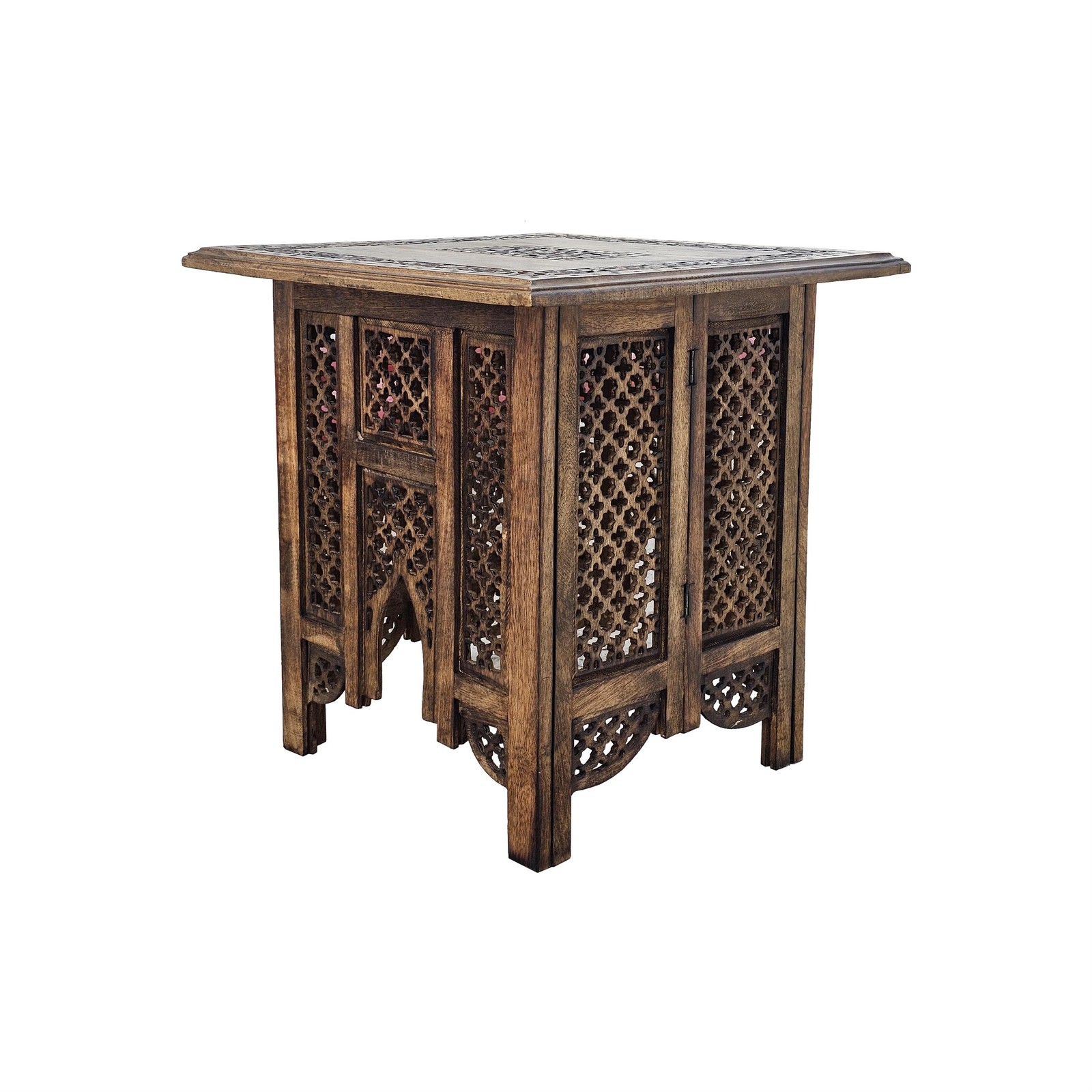 21 Inch Boho Side End Table- Floral Carved Details- Foldable Panel Legs