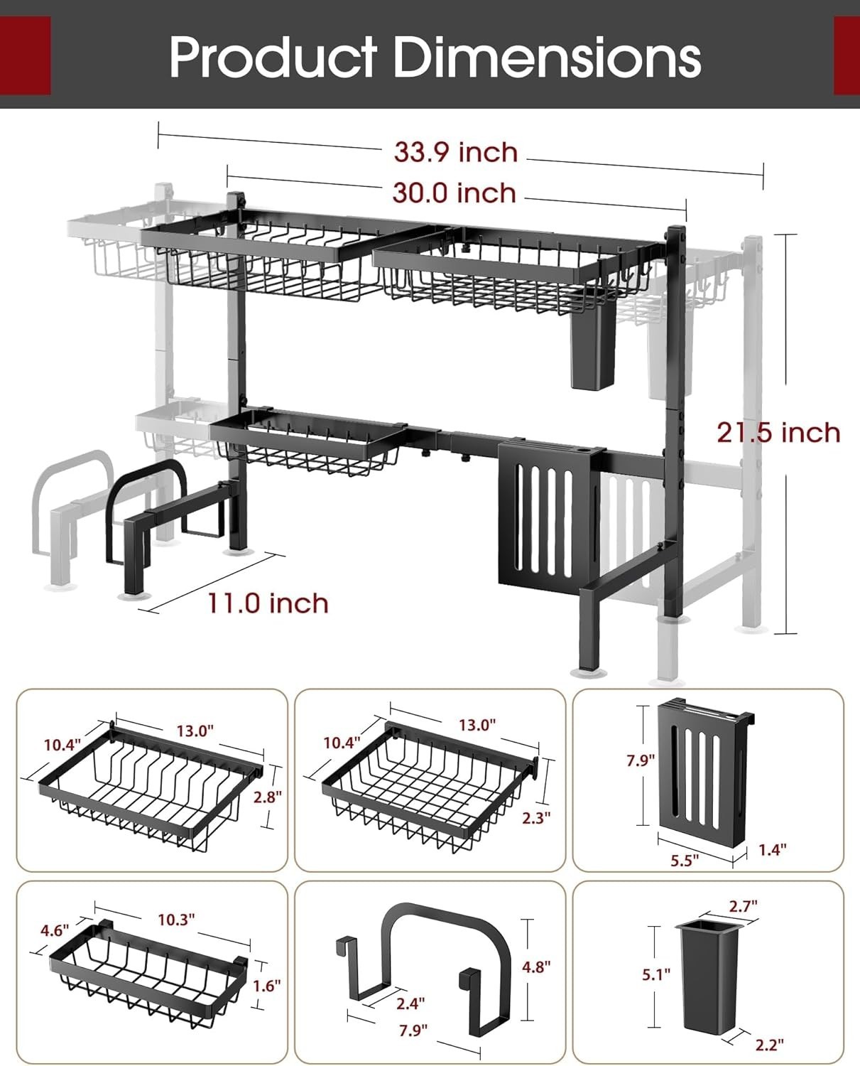 2 Tier Over Sink Dish Drying Rack Adjustable Stainless Steel Black