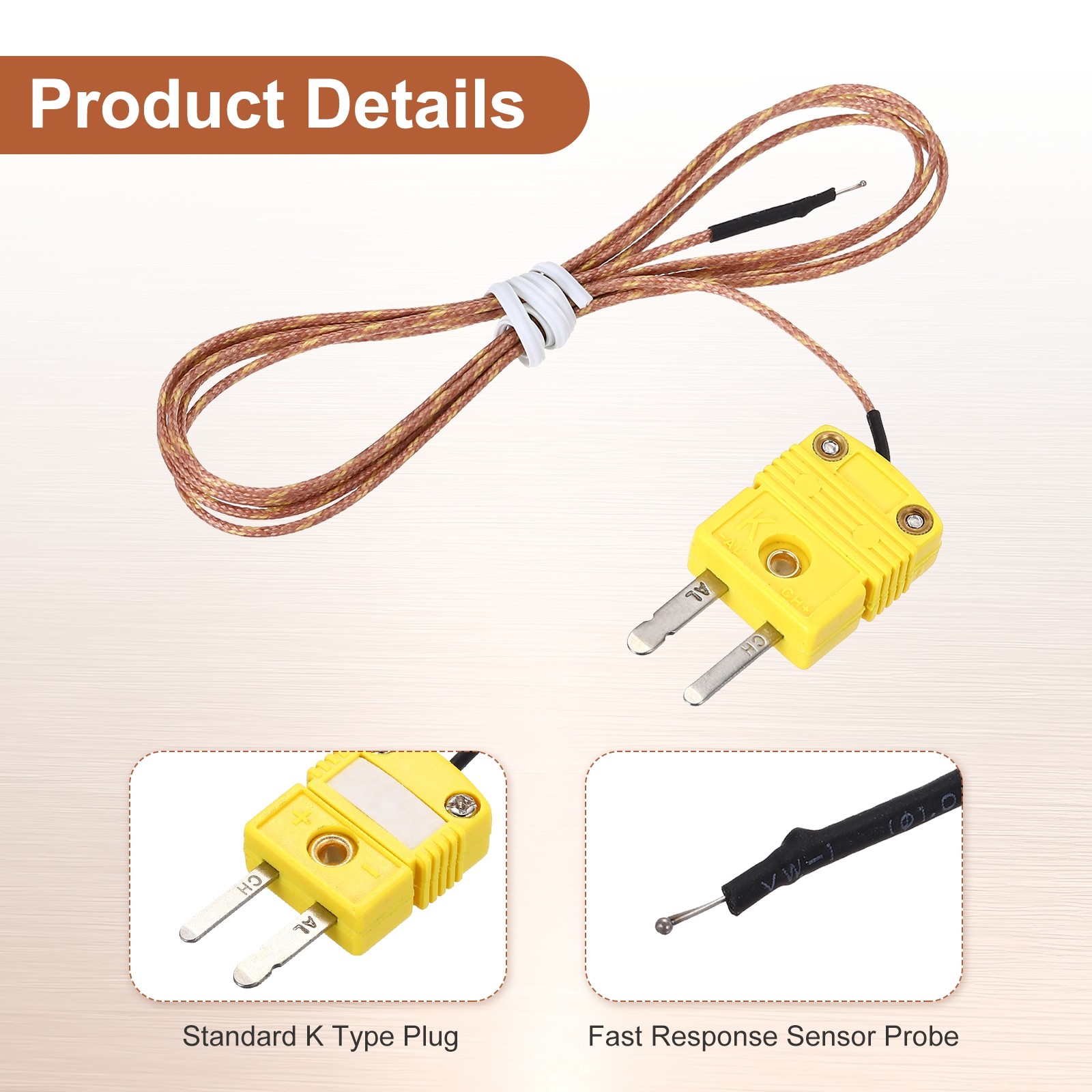 K Type Thermocouple Mini Connector Temperature Sensor 3.3ft, 1.3mm Wire