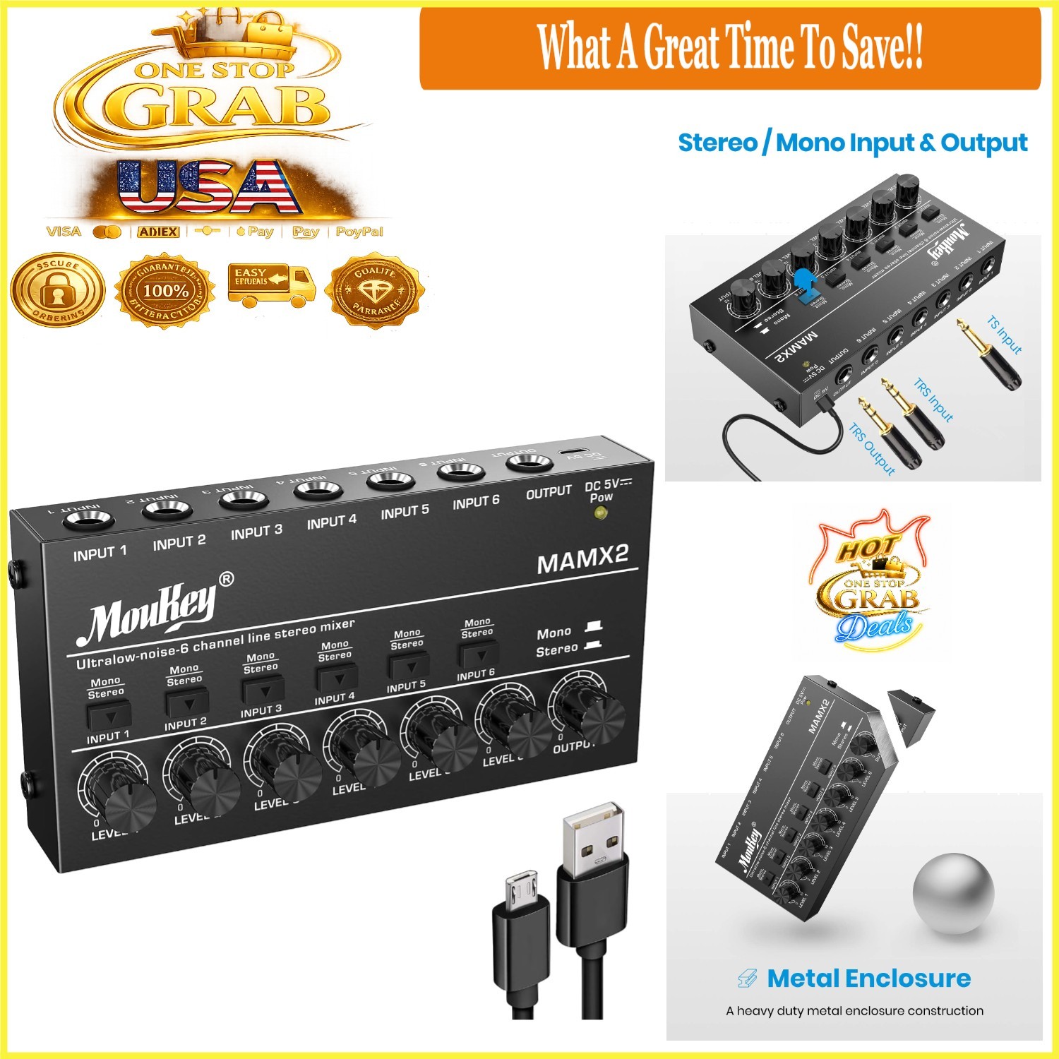 Mini 6-Channel Audio Mixer with USB & 5V Power for Small Clubs Bars Guitars