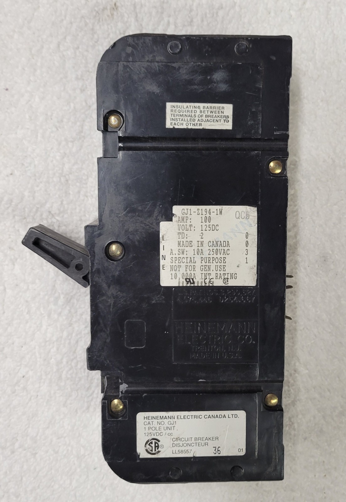 Heinemann GJ1-Z194-1W Circuit Breaker, Bolt-On, 100 Amp, 250Vac/125Vdc, 1-Pole