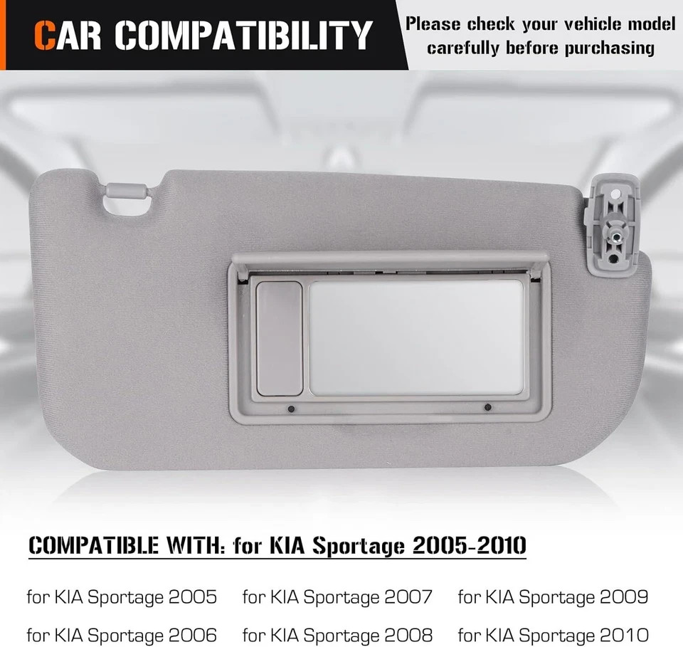 Sun Visor With Makeup Mirror Gray Left Driver Side for Kia Sportage 2005-2010